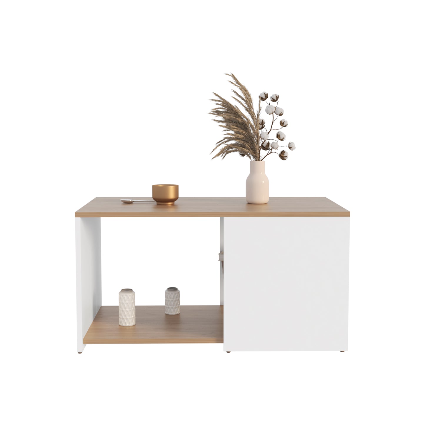 Modern twotone coffee table with oak top and white cabinets perfect for living rooms