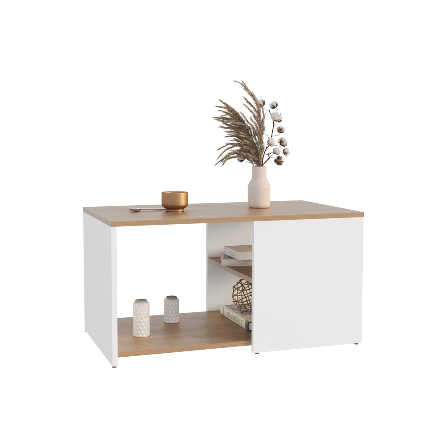 White and oak coffee table with open shelving and minimalist decor