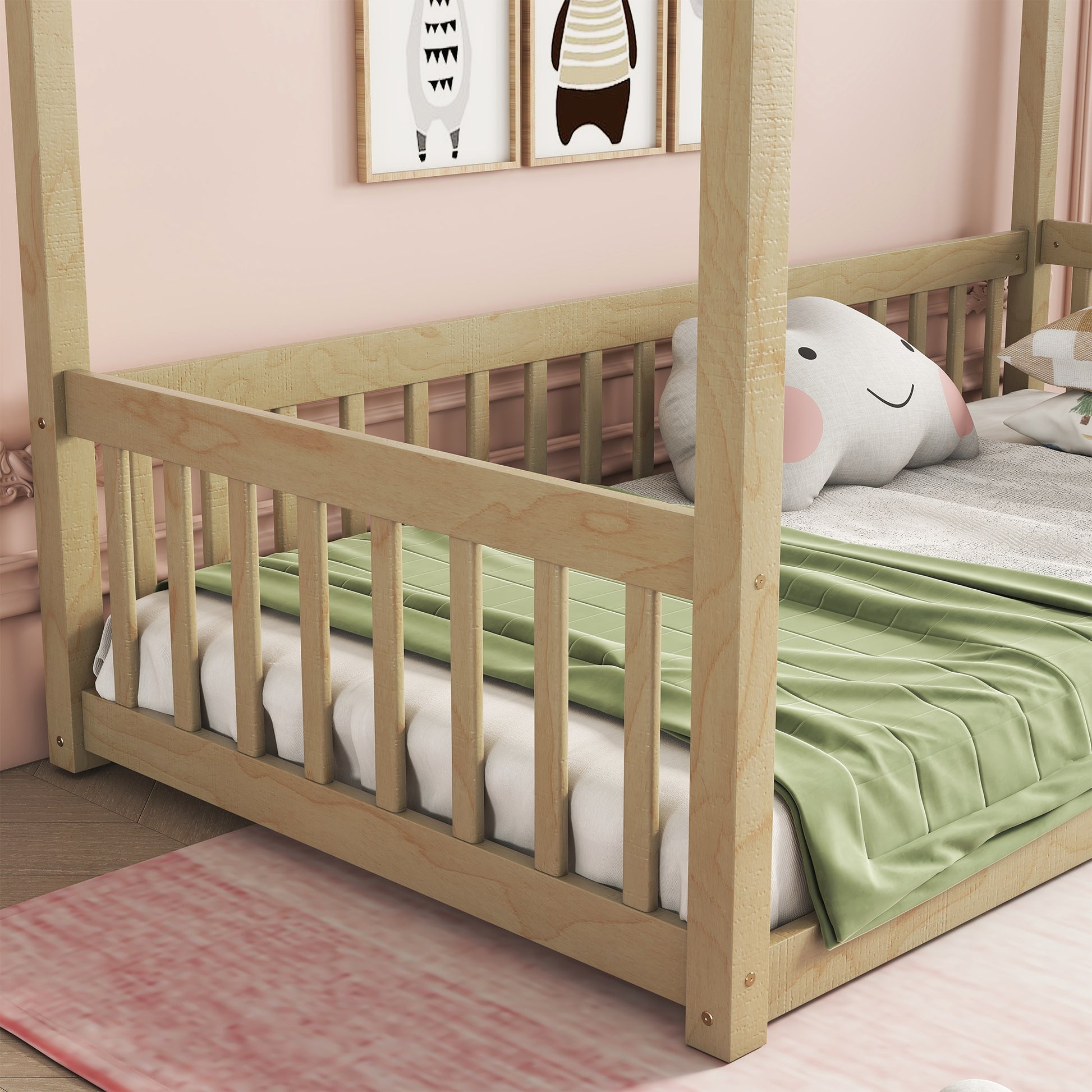Natural wood canopy bed frame with guardrails for toddler safety