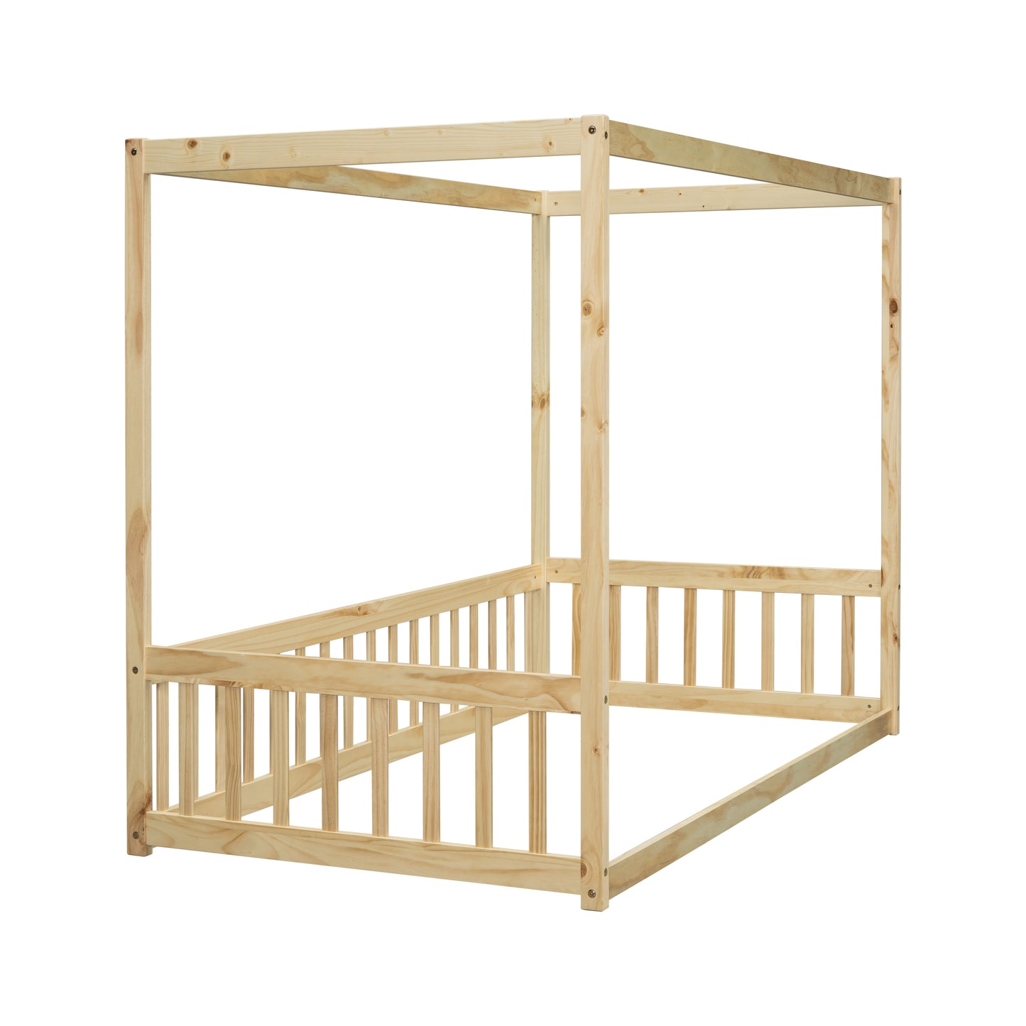 Natural pine wood canopy bed frame with slatted sides