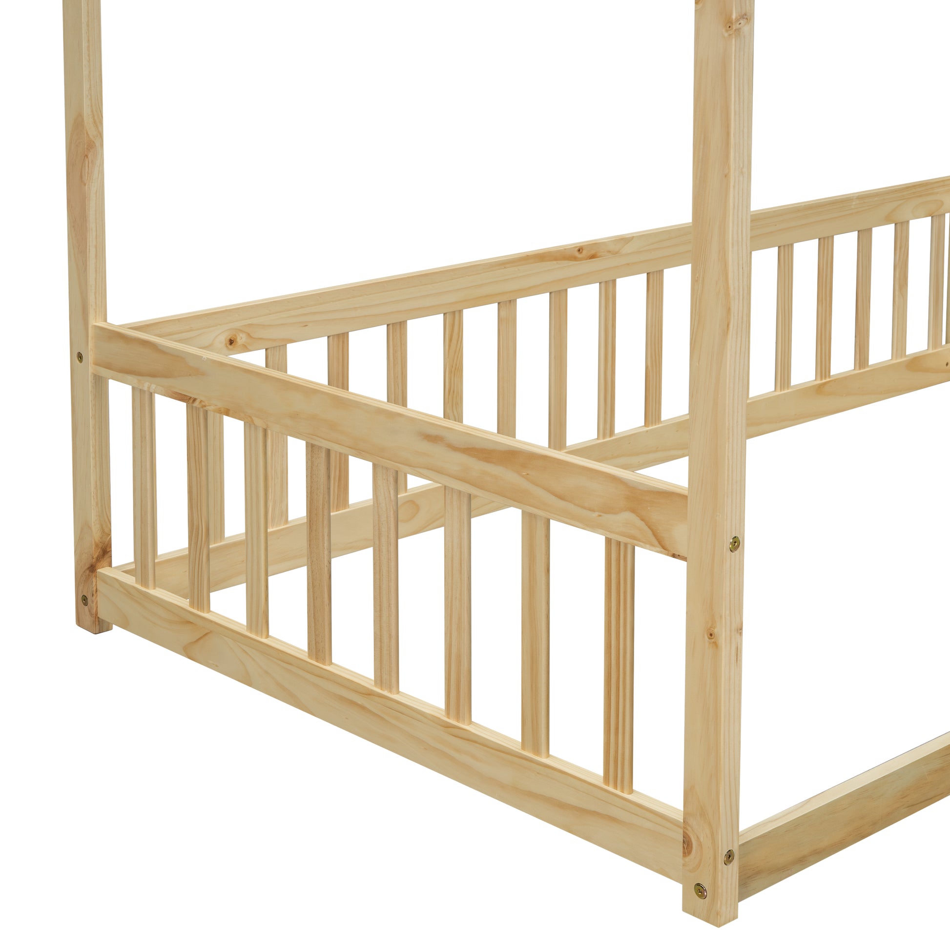 Natural wood twin bed frame with safety rails unfinished pine construction for kids