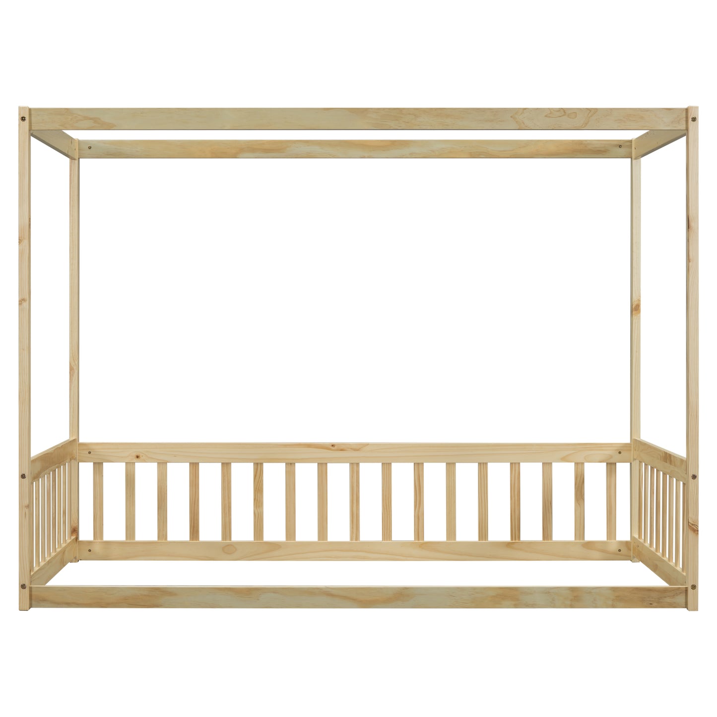 Natural wood canopy bed frame with slatted sides