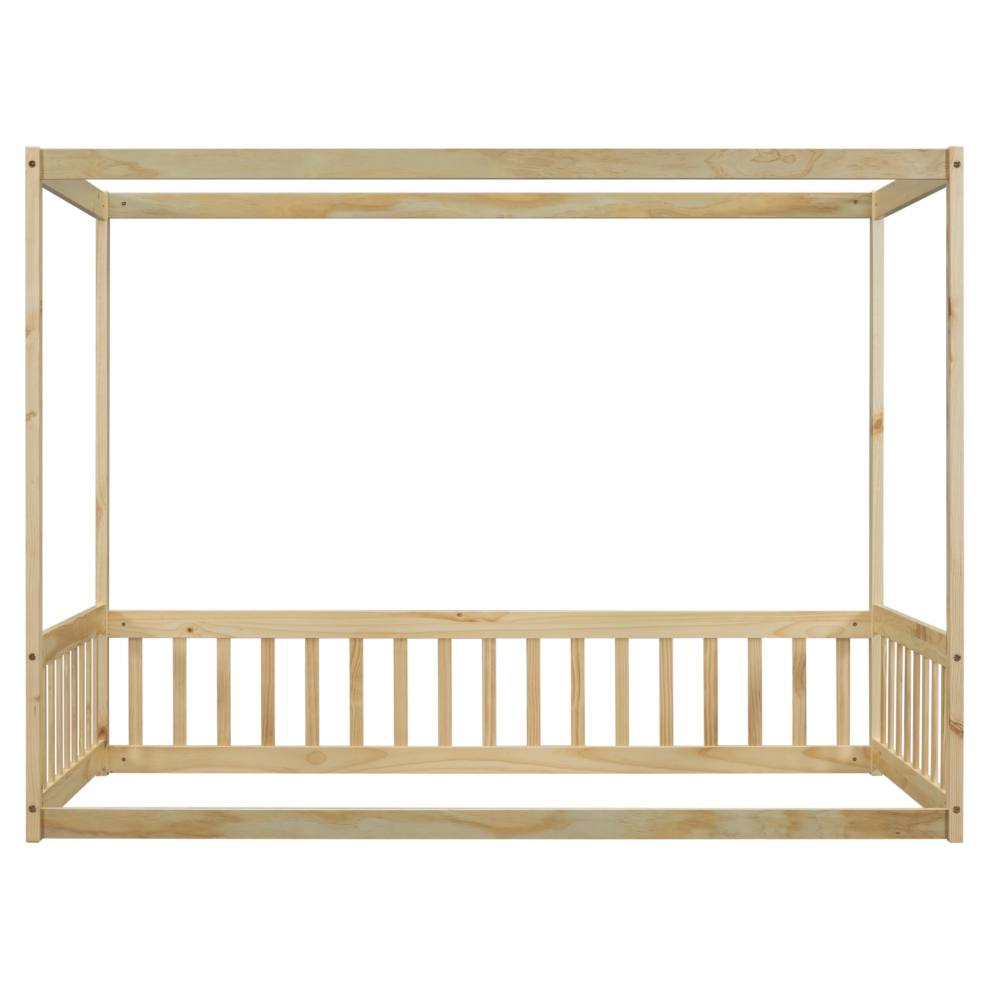 Natural wood canopy bed frame with slatted sides