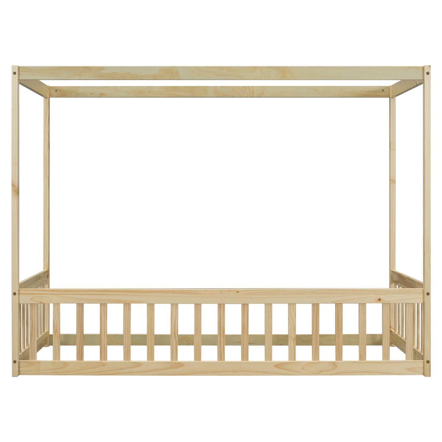 Natural pine wood fourposter bed frame with vertical slats on the side