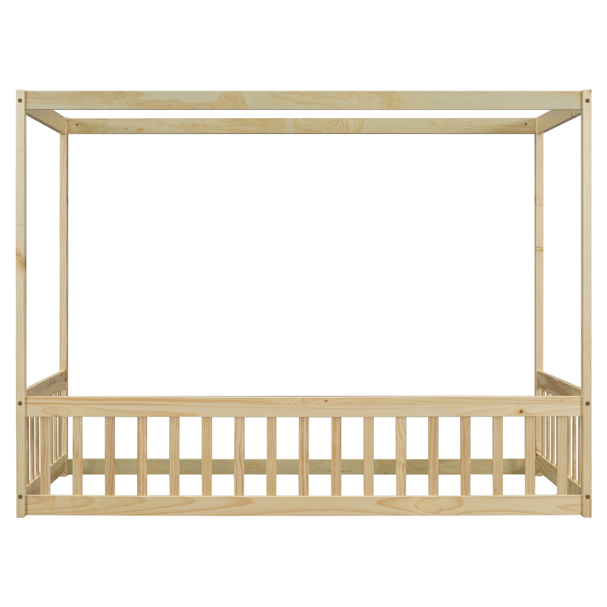Natural pine wood fourposter bed frame with vertical slats on the side