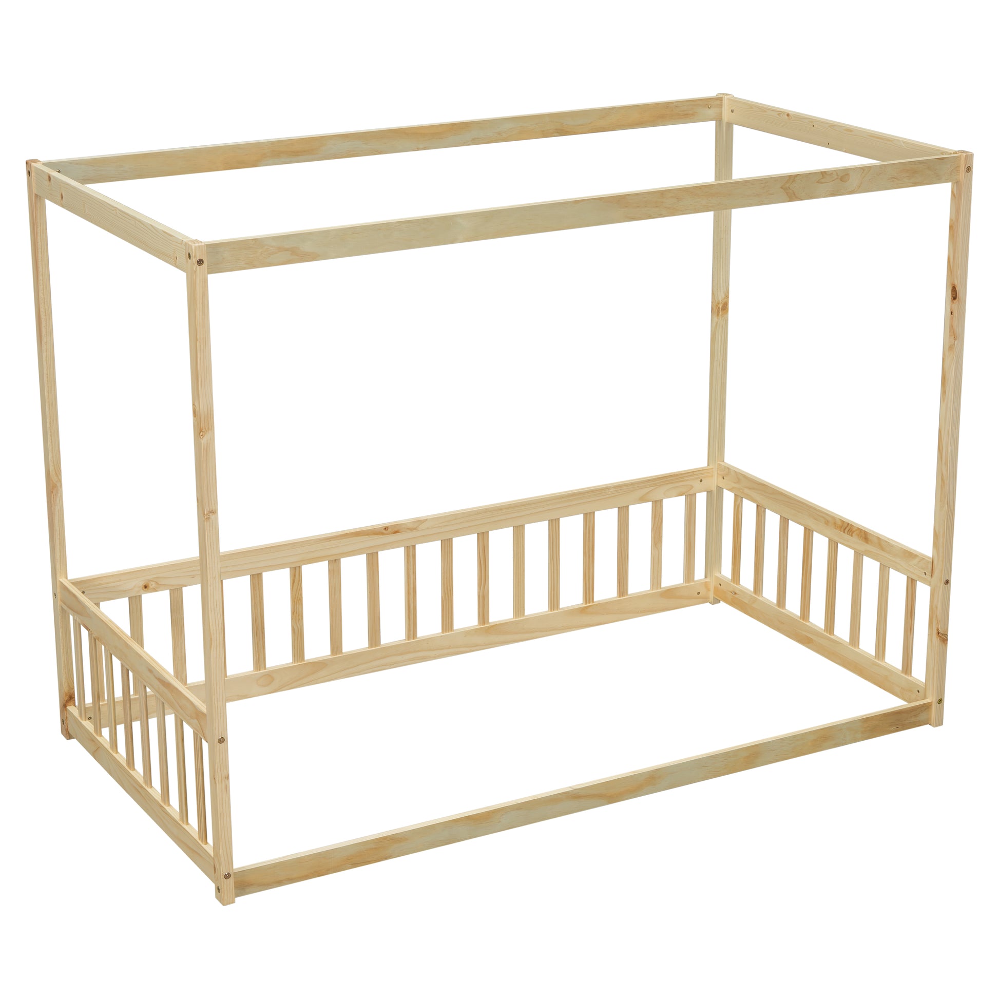 Natural wood canopy bed frame with railing for toddlers