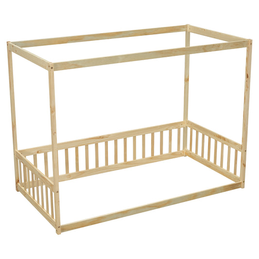 Natural wood canopy bed frame with railing for toddlers