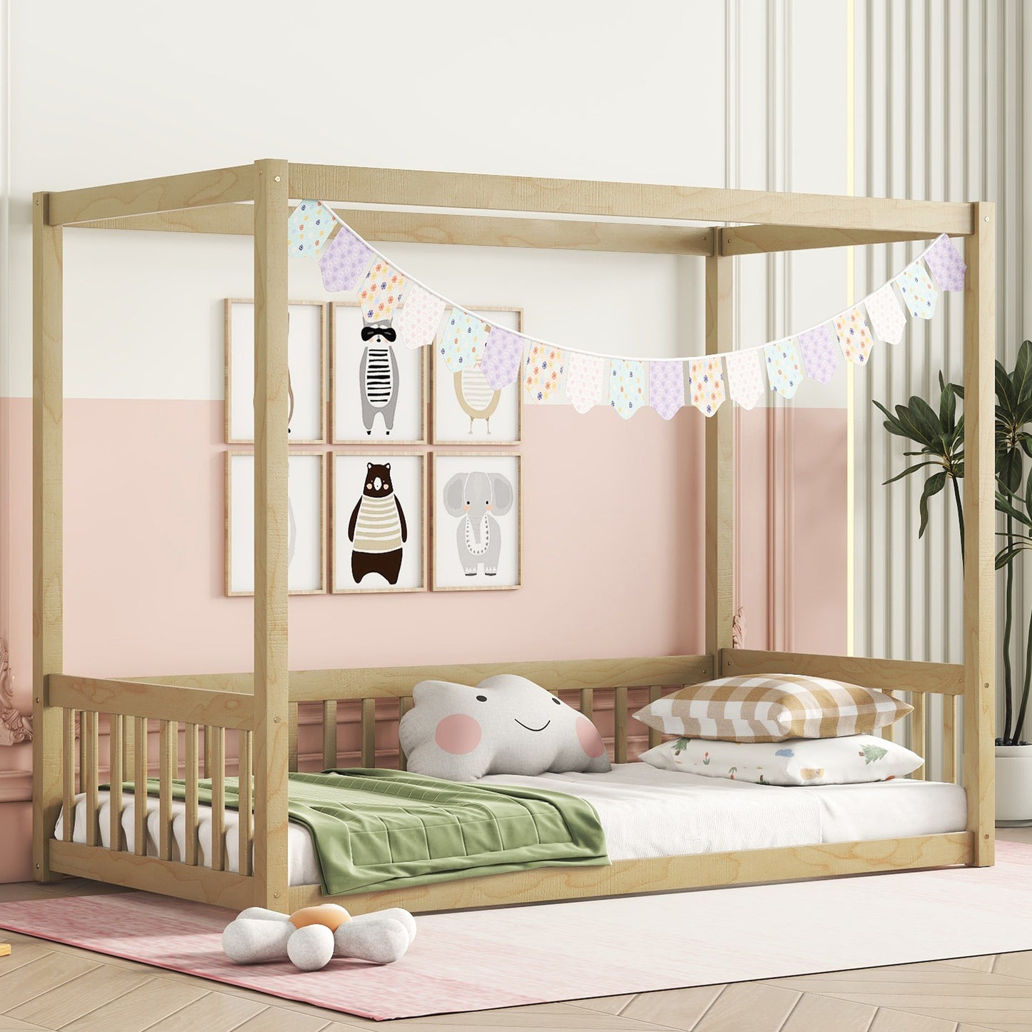 Natural wood toddler canopy bed with playful animal art and pastel bunting
