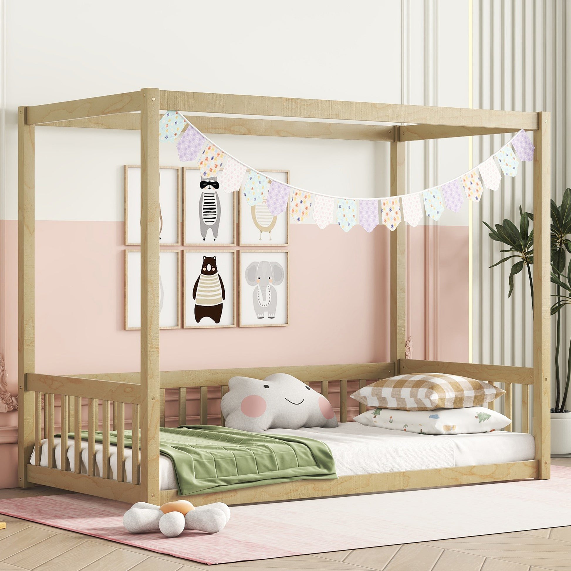 Natural wood toddler canopy bed with playful animal art and pastel bunting