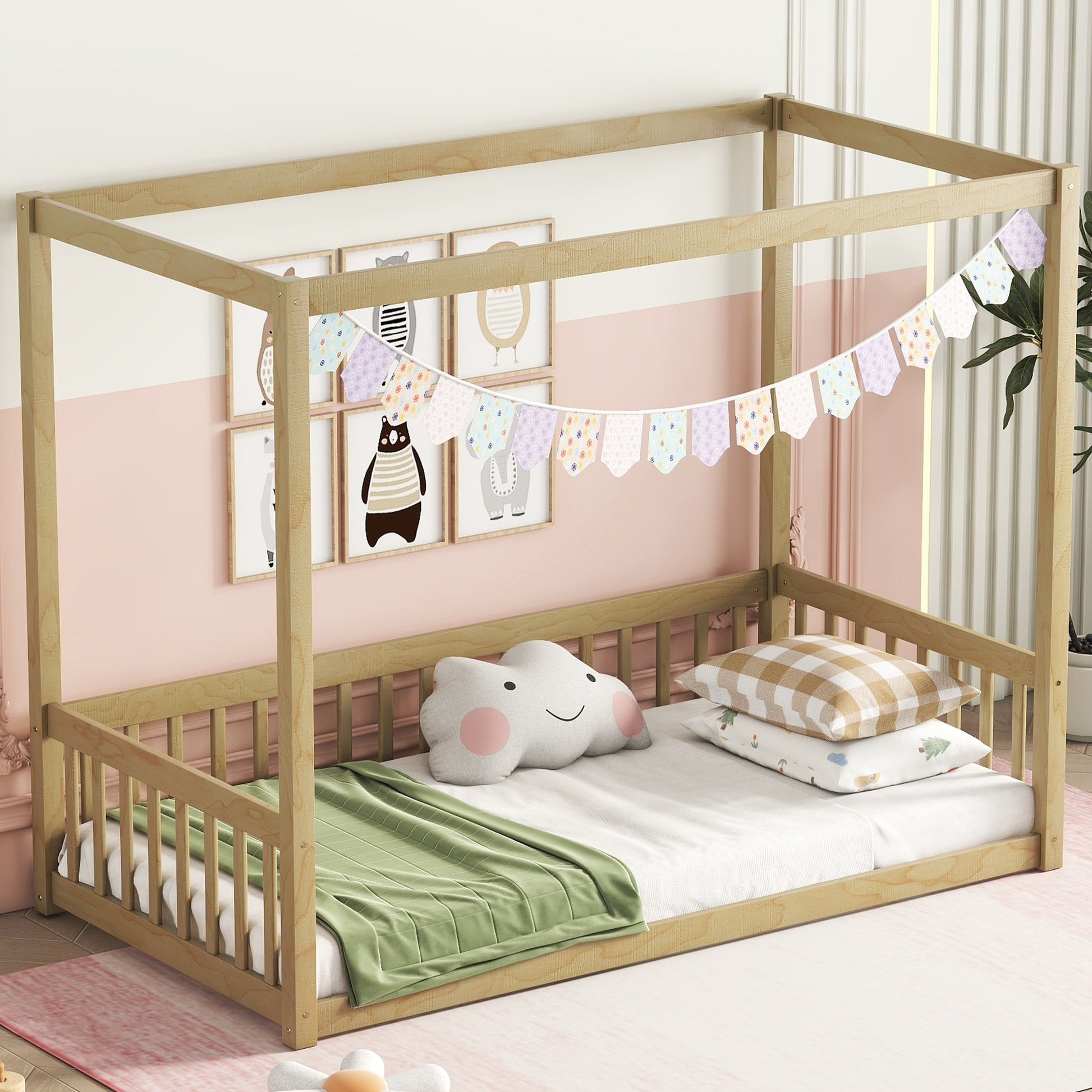 Natural wood kids canopy bed with playful decor