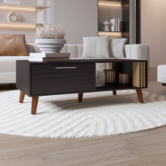 Dark oak coffee table with a drawer and open shelf featuring midcentury modern tapered legs