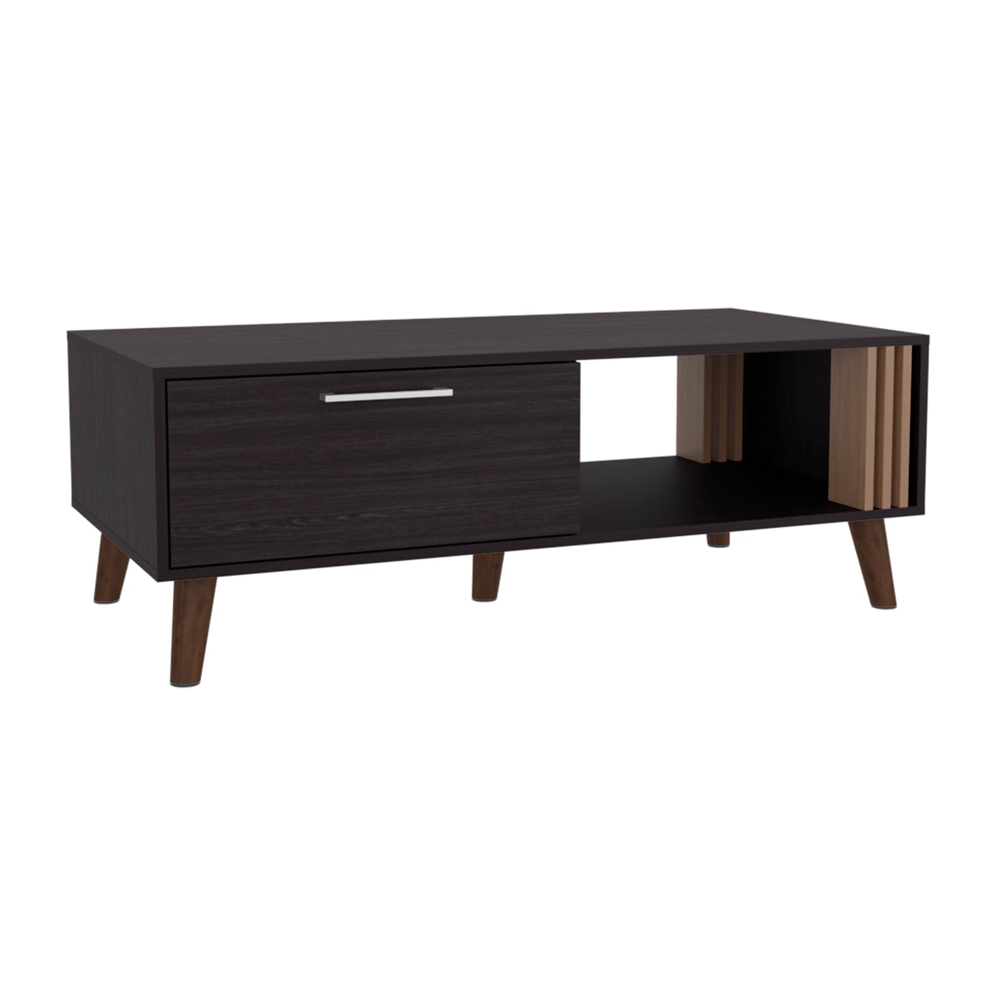 Dark wood TV stand with one drawer and open shelving midcentury modern design