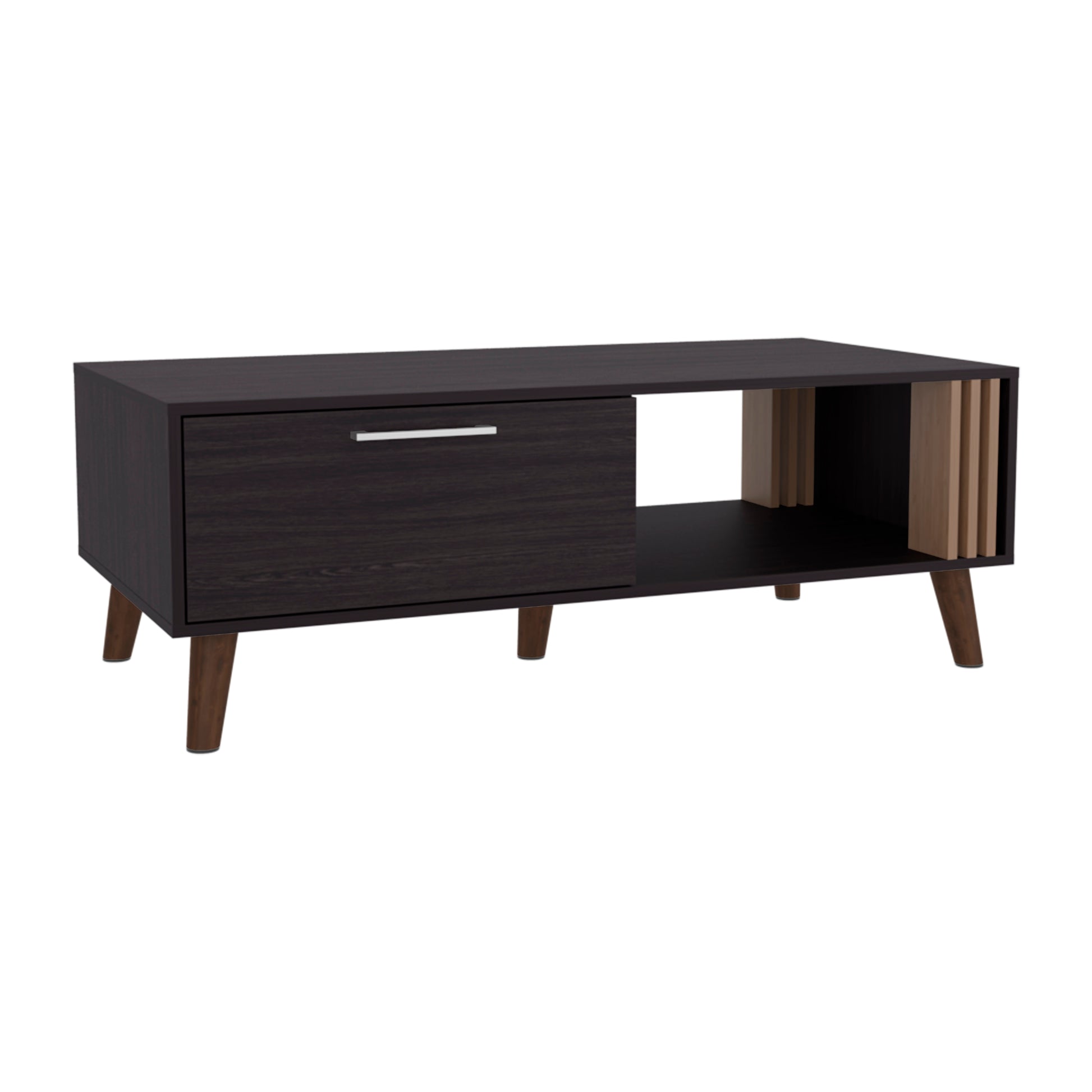 Dark wood TV stand with one drawer and open shelving midcentury modern design