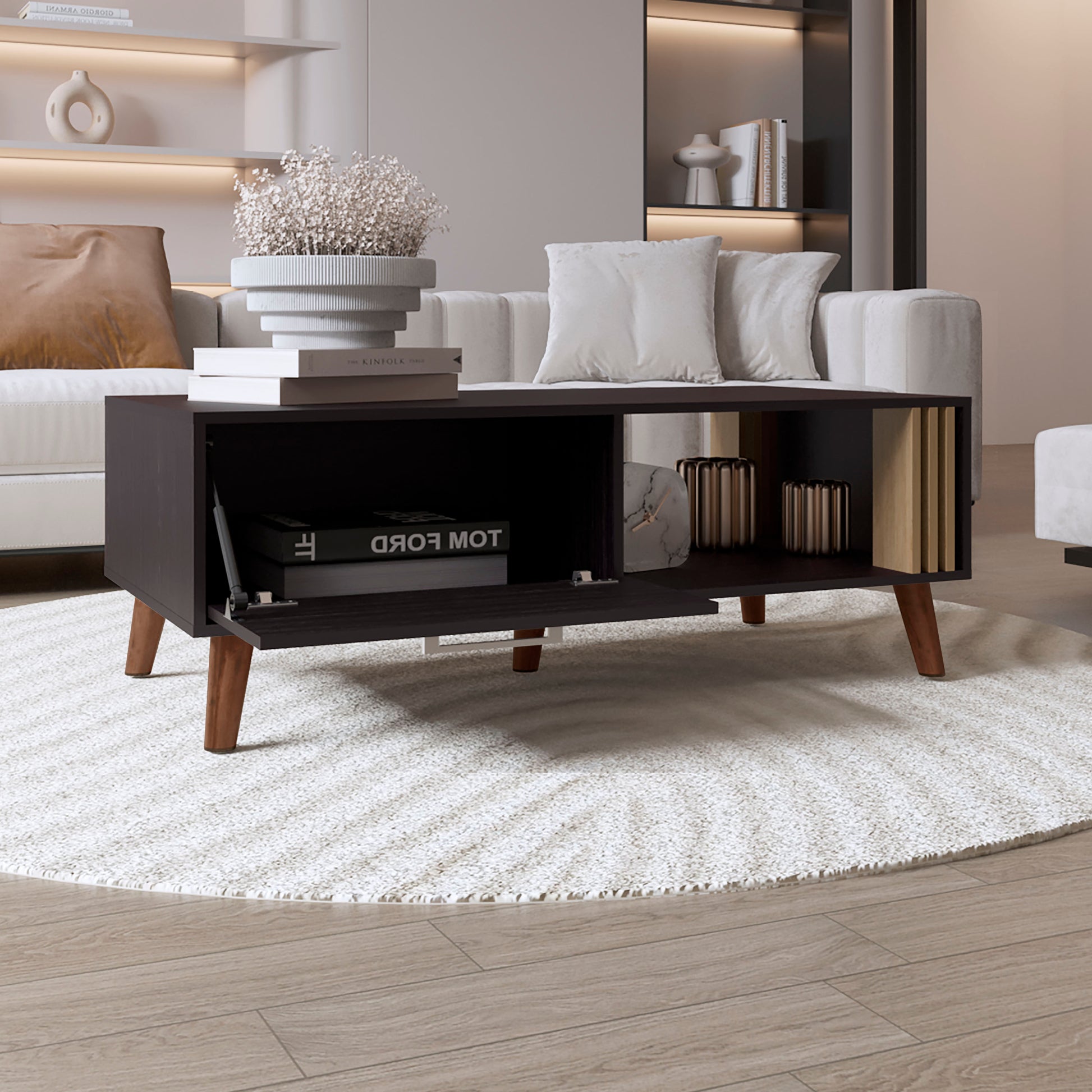Dark brown modern coffee table with tapered wooden legs and open shelving for storage