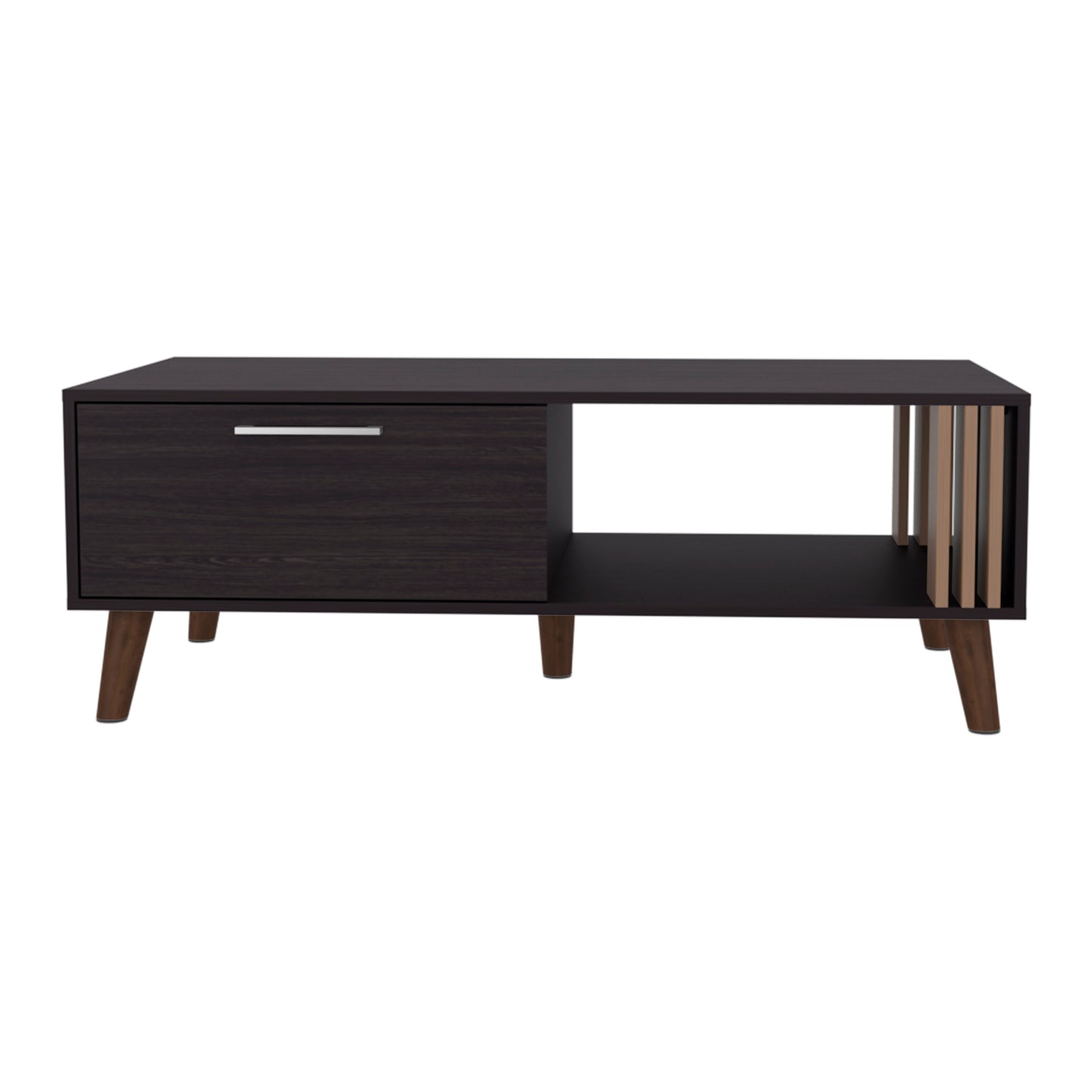Dark wood media console with a single drawer and open shelving with slatted accents