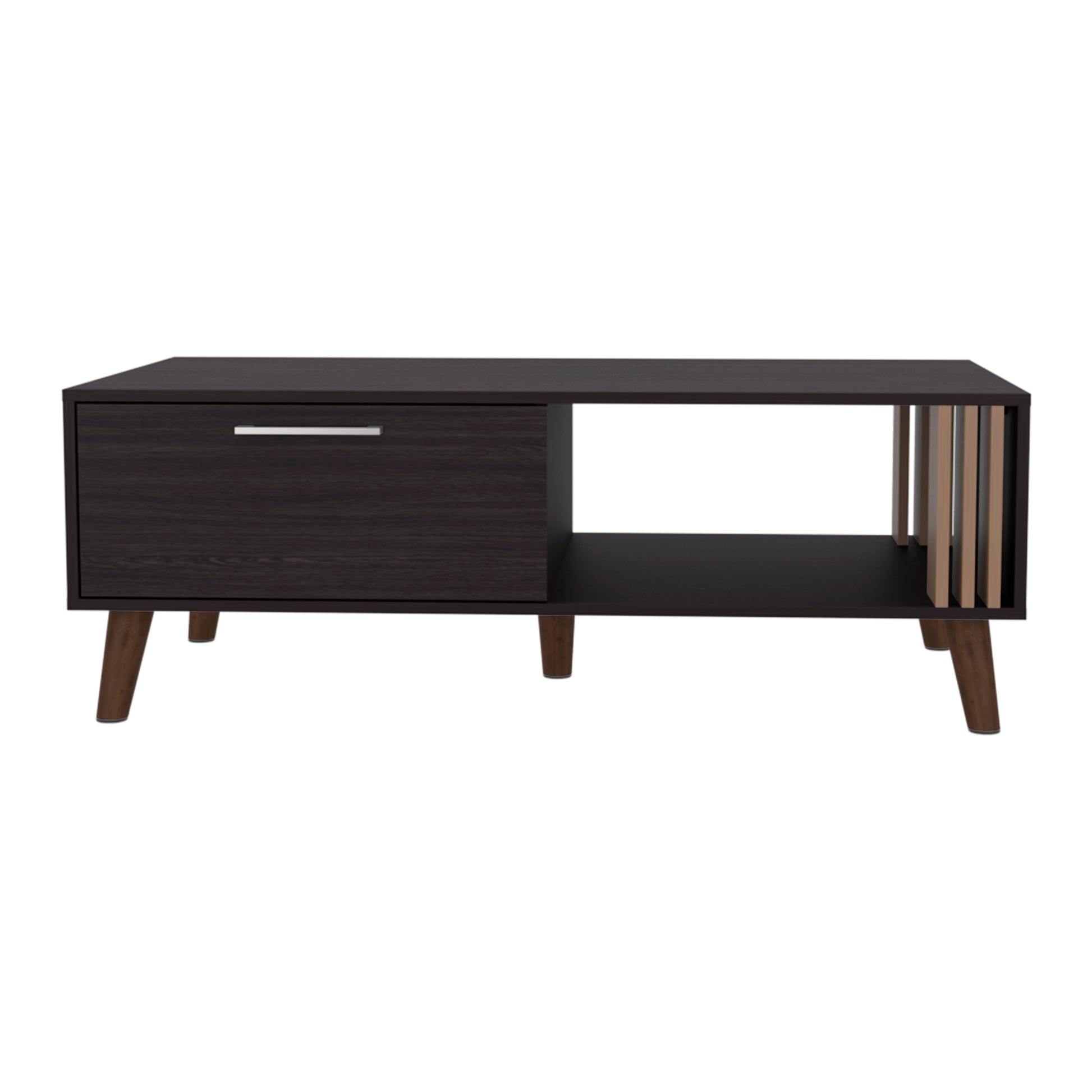 Dark wood media console with a single drawer and open shelving with slatted accents