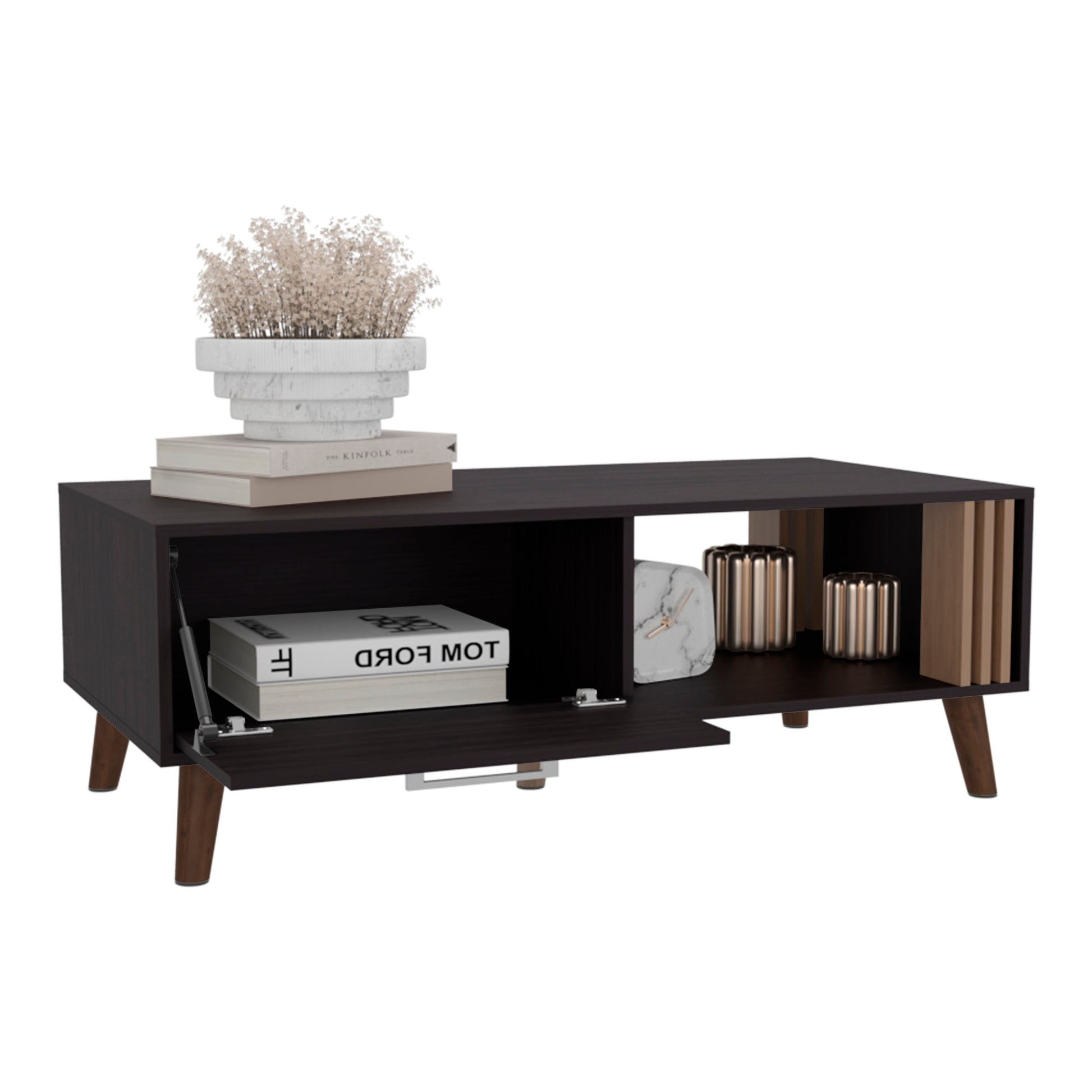 Dark wood media console with open shelves and a liftup cabinet