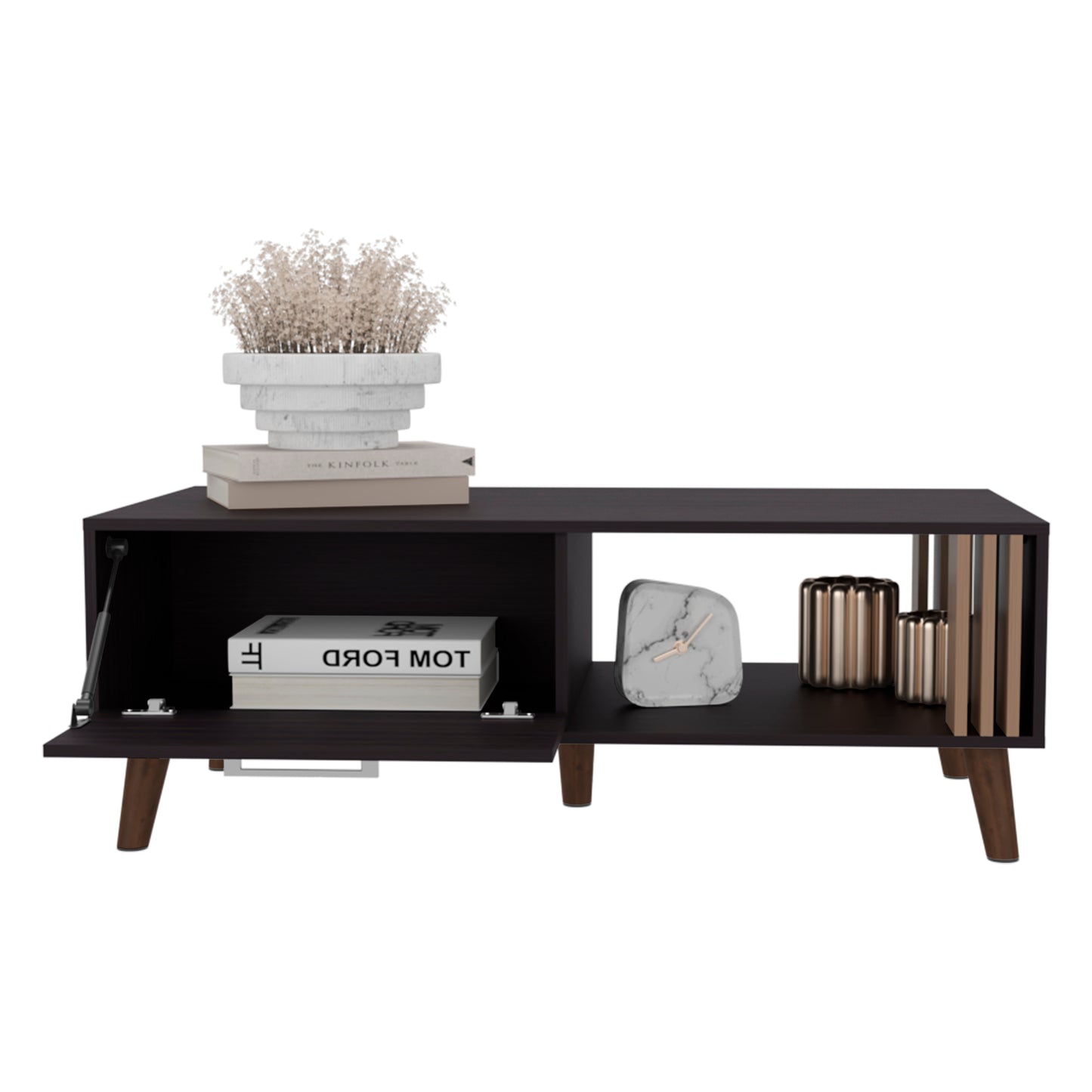Dark wood entertainment console with open shelving and a closed cabinet