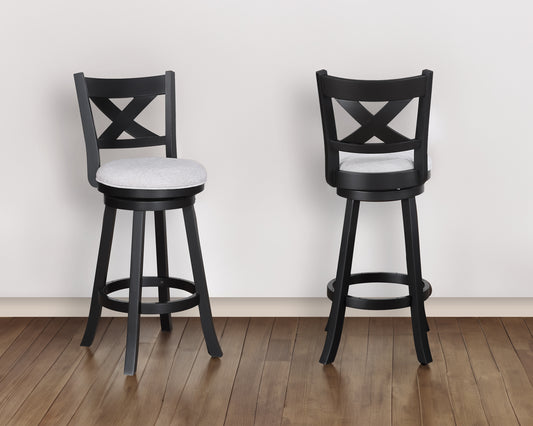 Black wooden swivel bar stool with grey upholstered seat and Xback detail