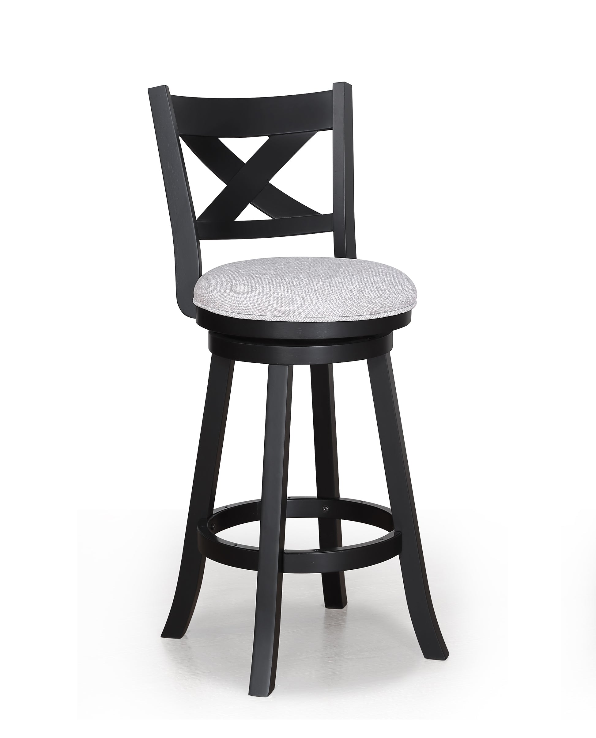Black wooden swivel bar stool with a grey upholstered seat and crisscross back detail