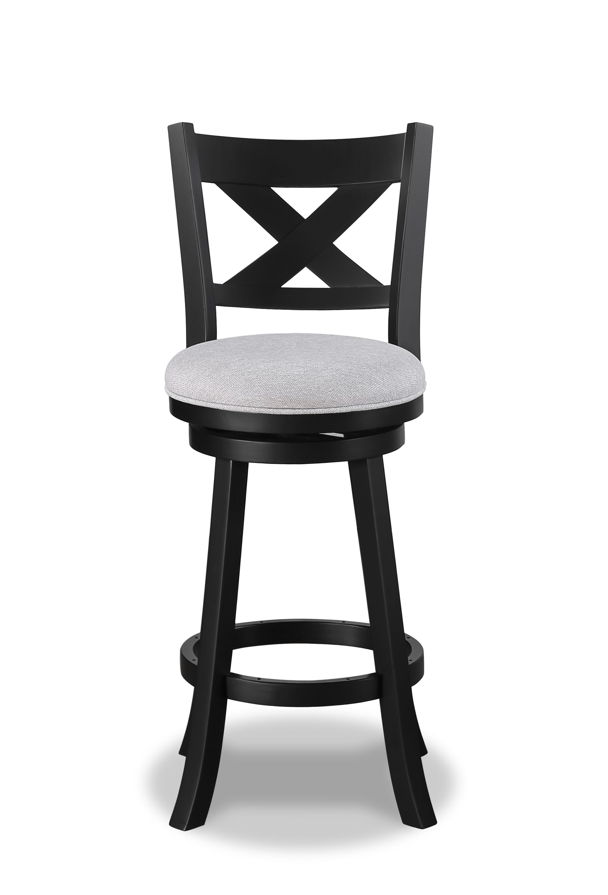 Black wooden swivel bar stool with a light gray upholstered seat and a crisscross backrest