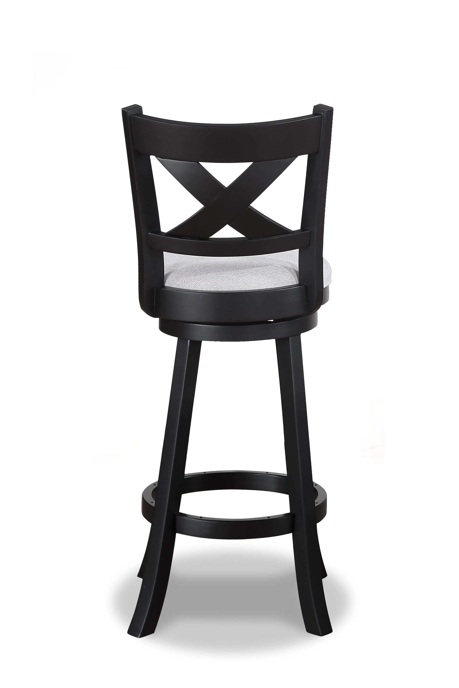 Black wooden bar stool with Xback design and grey fabric seat