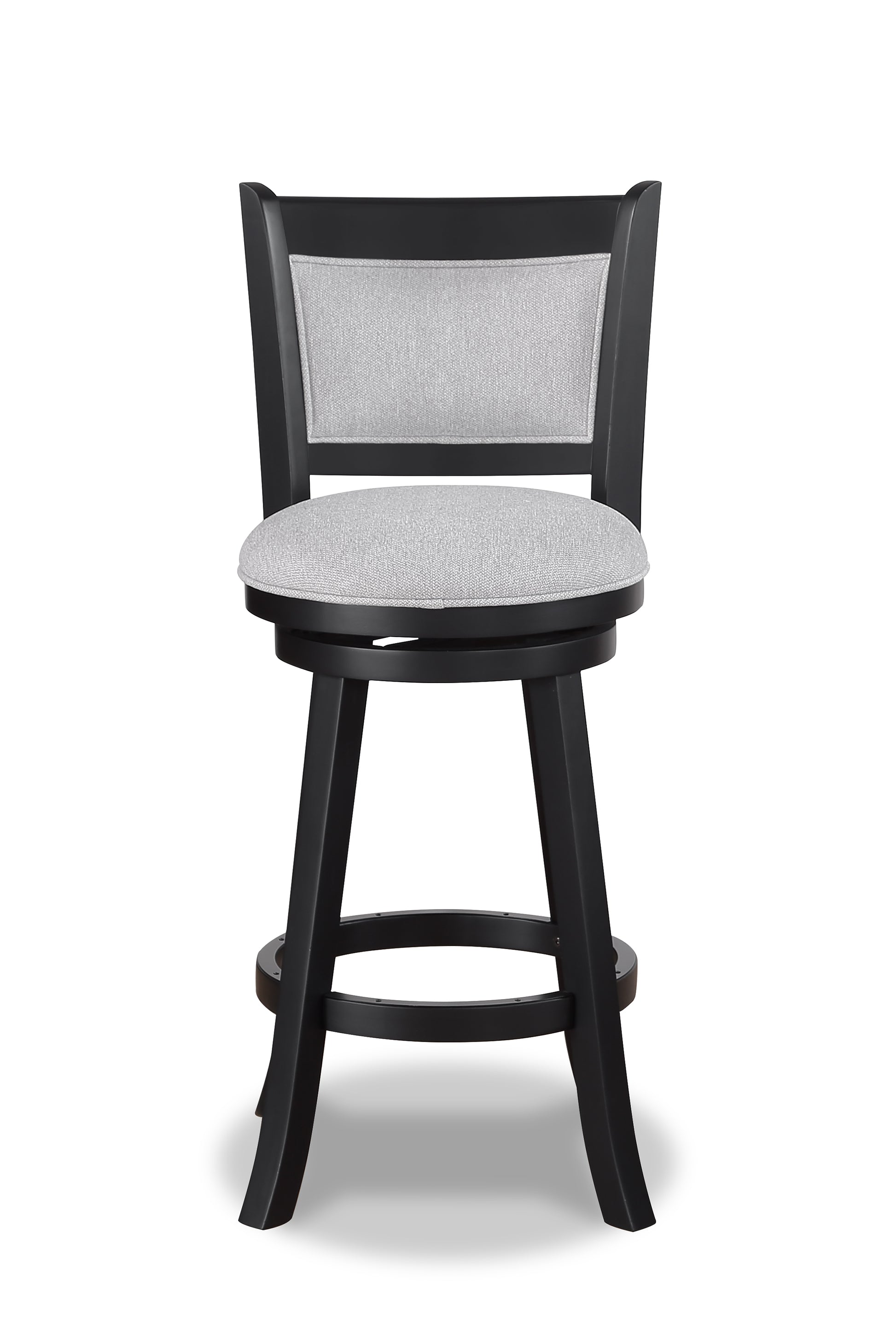 Black swivel bar stool with upholstered light grey seat and backrest