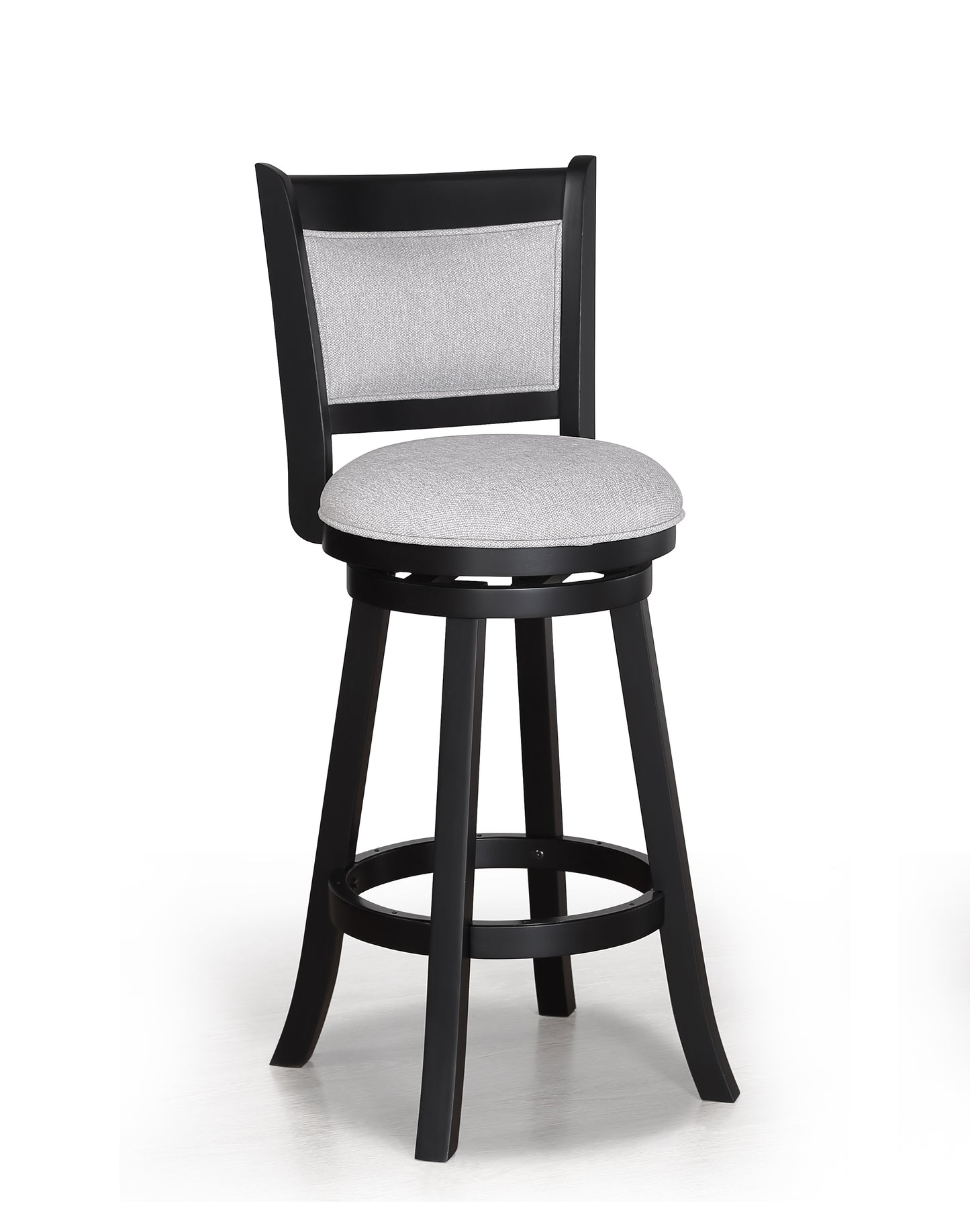 Black swivel bar stool with grey textured fabric seat and back