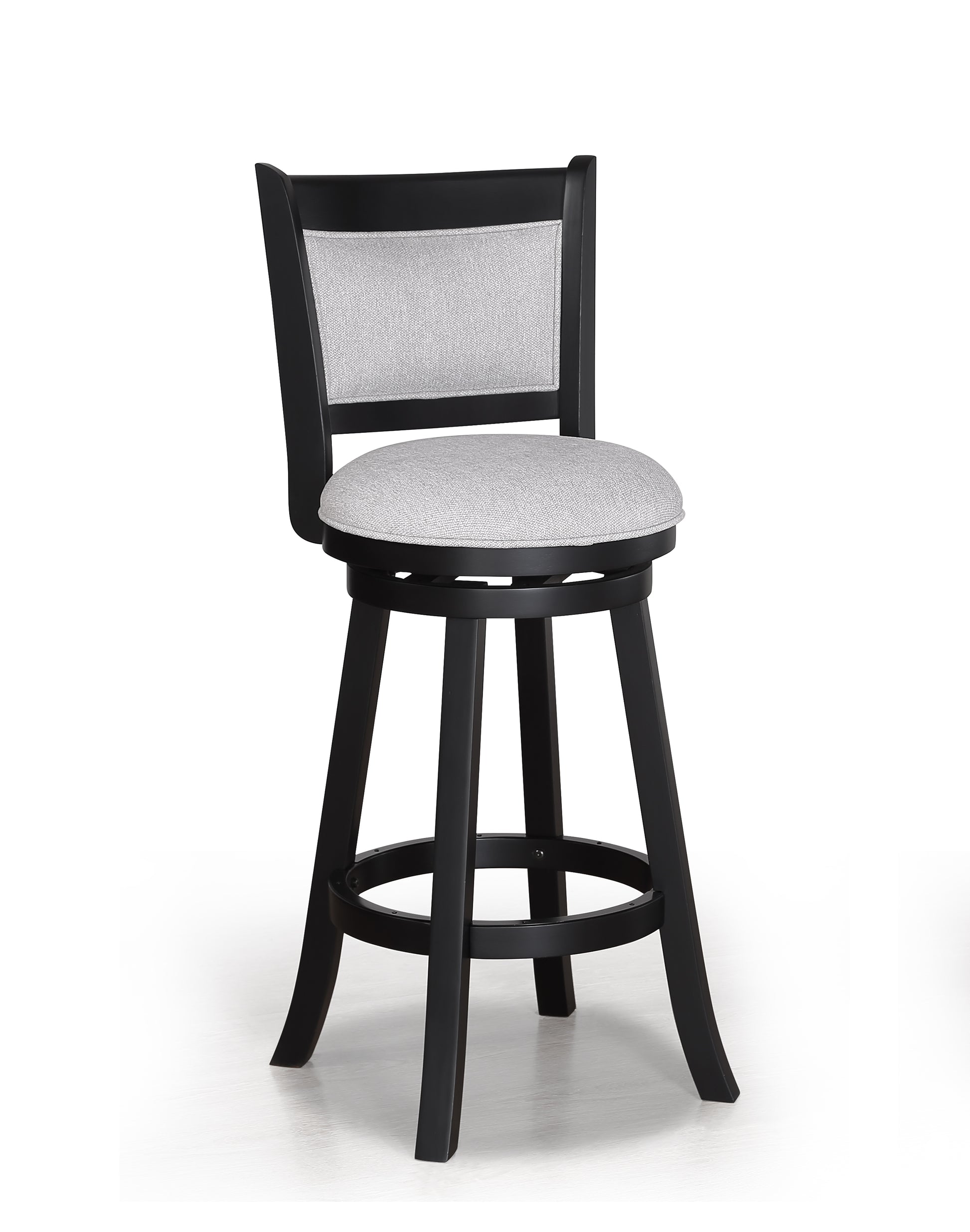 Black swivel bar stool with grey textured fabric seat and back
