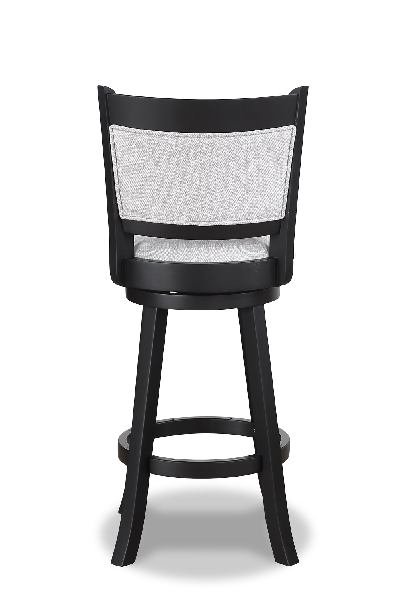 Black wooden swivel bar stool with light gray upholstered seat and backrest