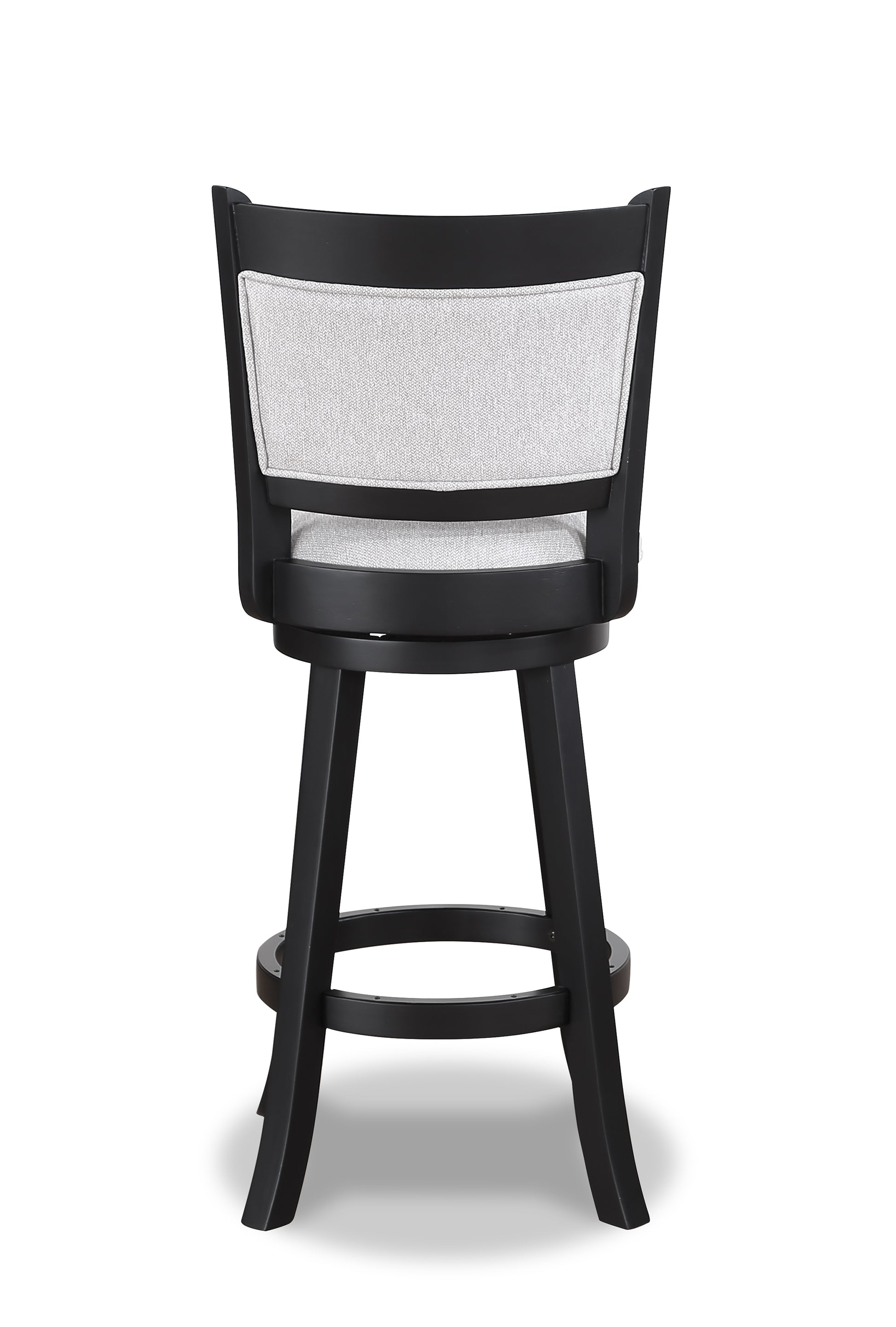 Black wooden swivel bar stool with light gray upholstered seat and backrest