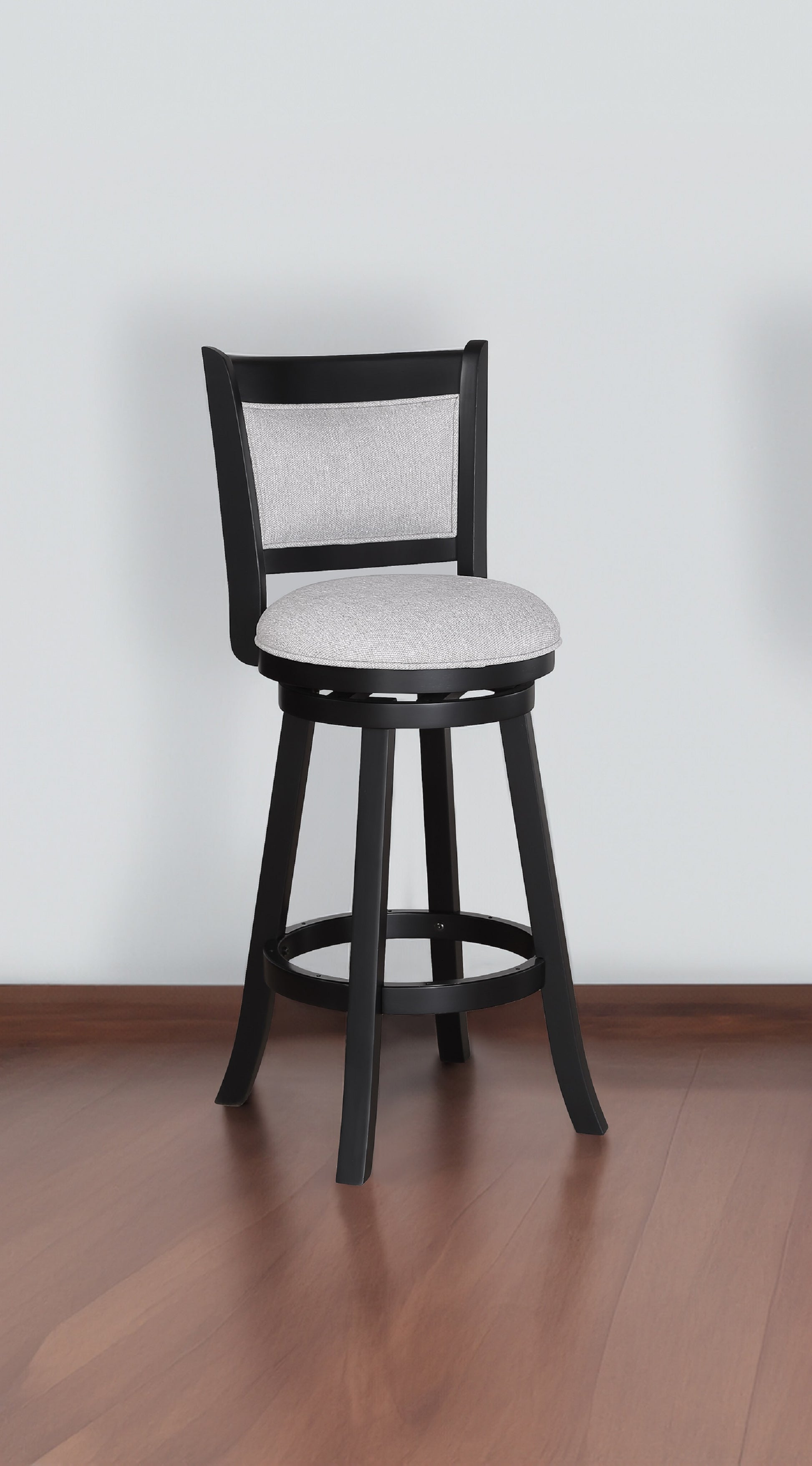 Black wooden swivel bar stool with grey fabric seat and back