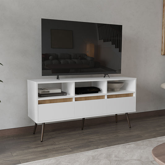 Modern white media console with wood accents and tapered legs