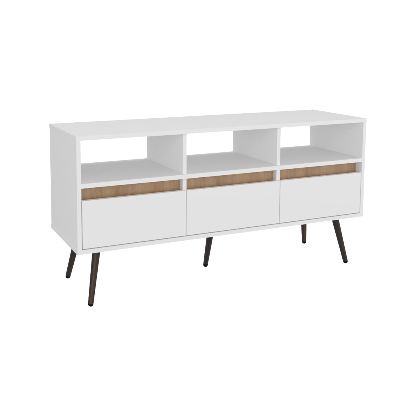 Modern white media console with three drawers and three open shelves