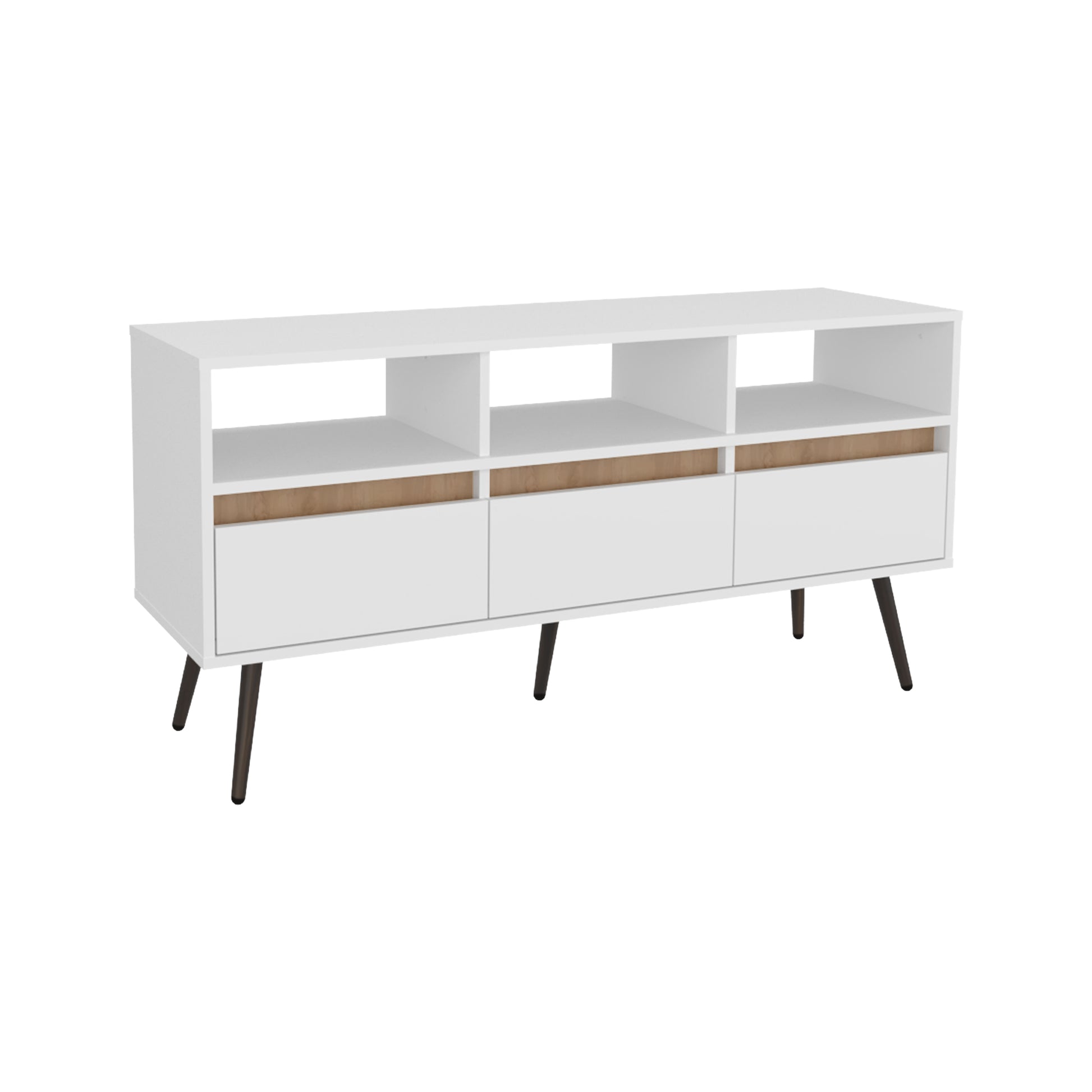 Modern white media console with three drawers and three open shelves