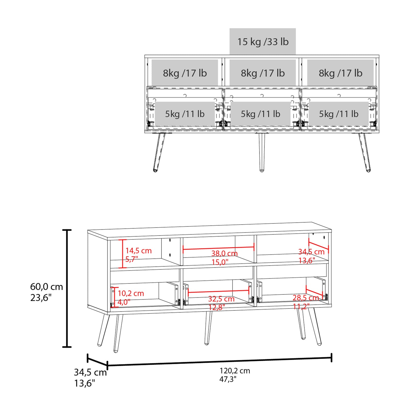 Line drawing of a midcentury modern dresser with dimensions and weight capacities