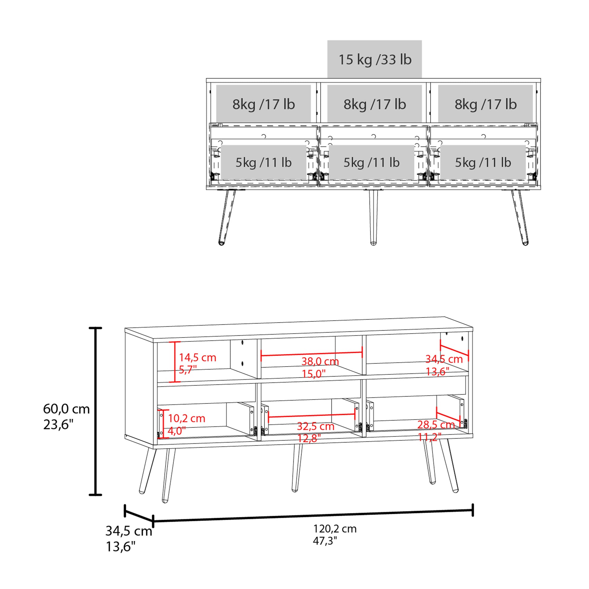 Line drawing of a midcentury modern dresser with dimensions and weight capacities
