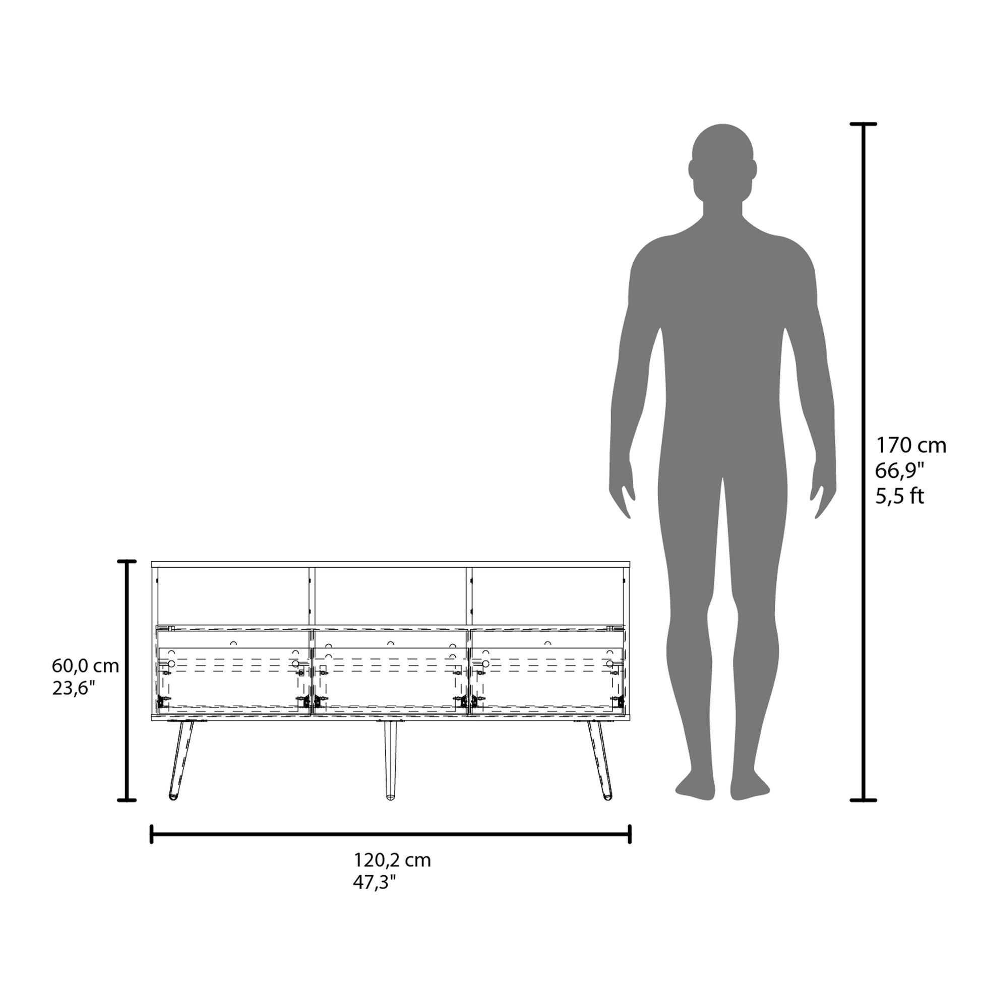 Blueprint of a modern sideboard showing dimensions cm wide and cm high