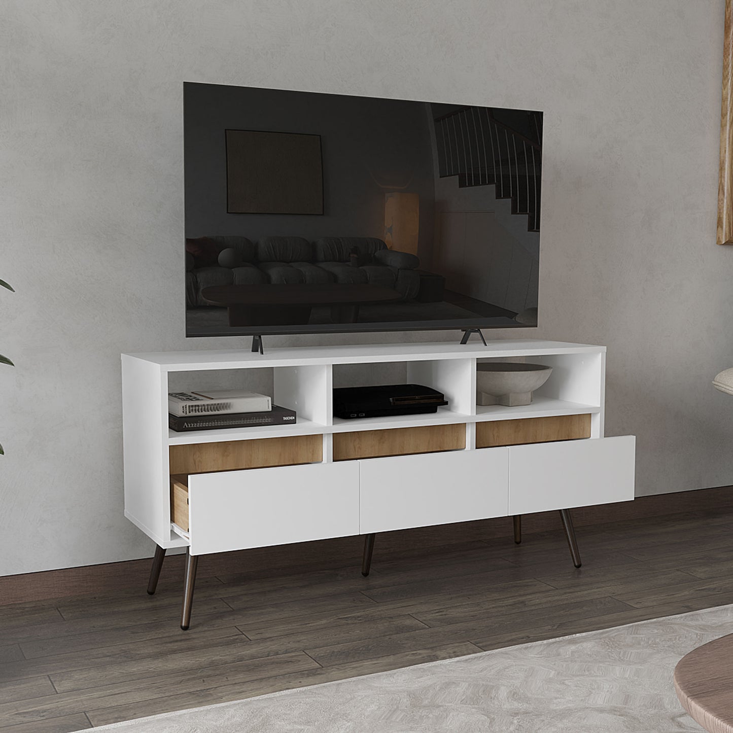 Modern white media console with oak drawers and black legs perfect for living room