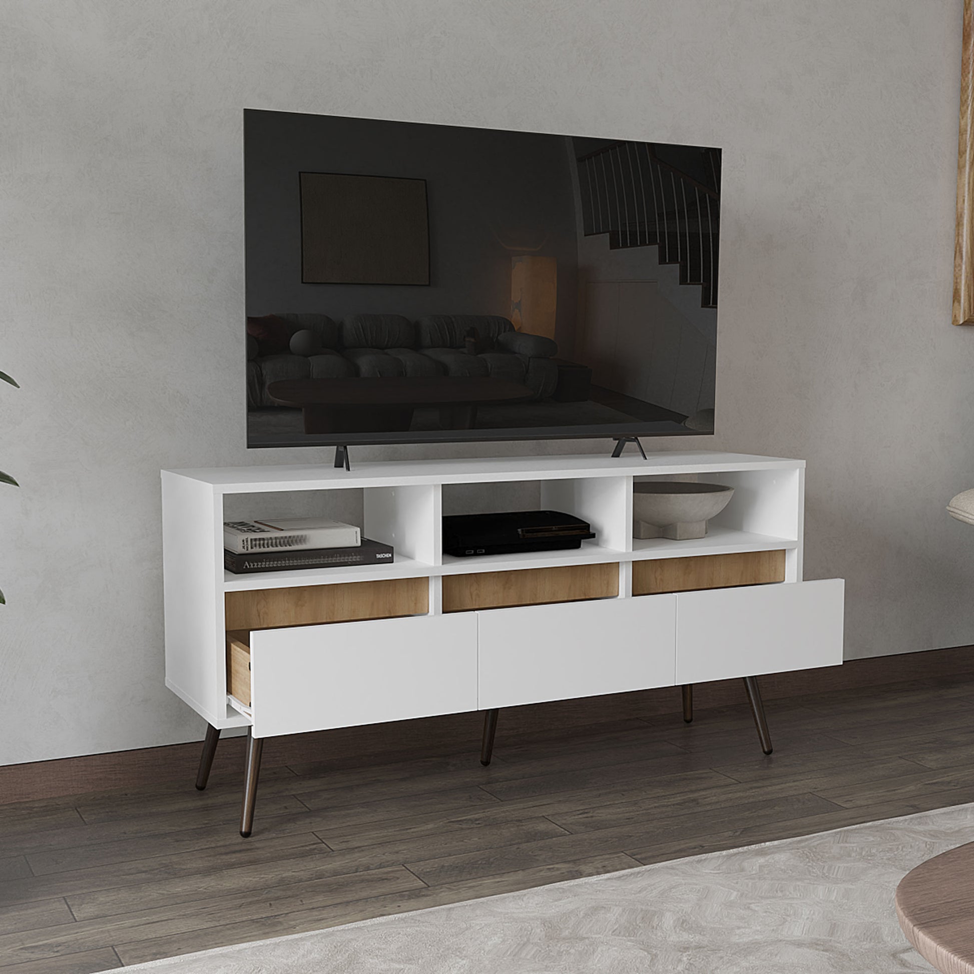 Modern white media console with oak drawers and black legs perfect for living room