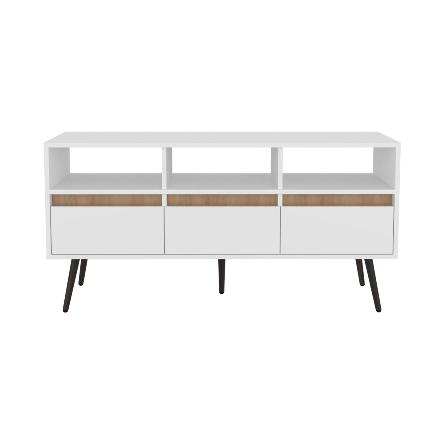 White media console with three drawers and open shelving wood accents