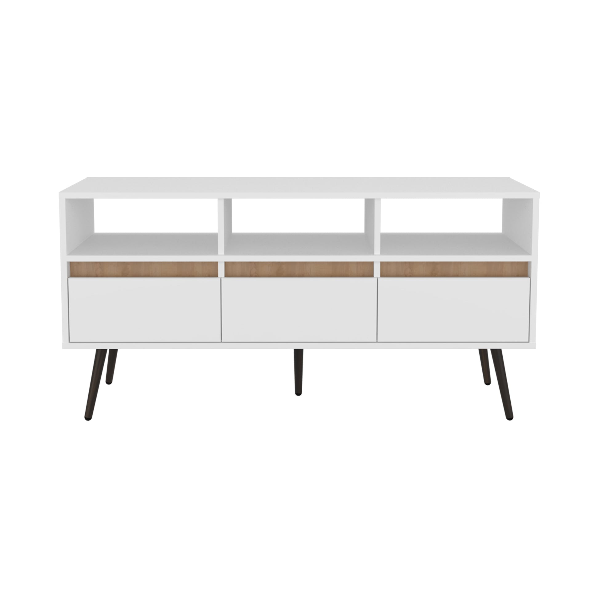 White media console with three drawers and open shelving wood accents