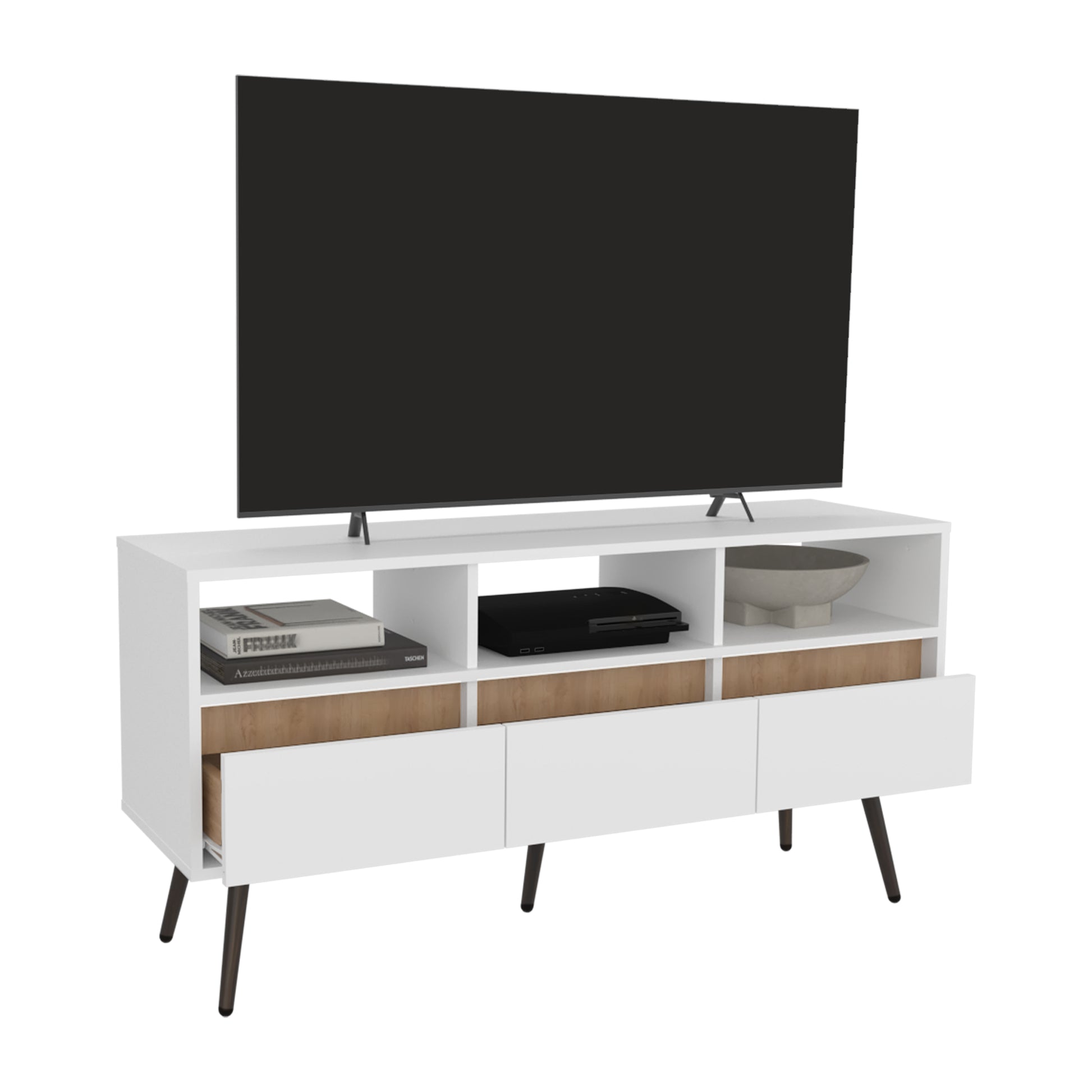 White modern TV stand with natural wood accents and tapered legs