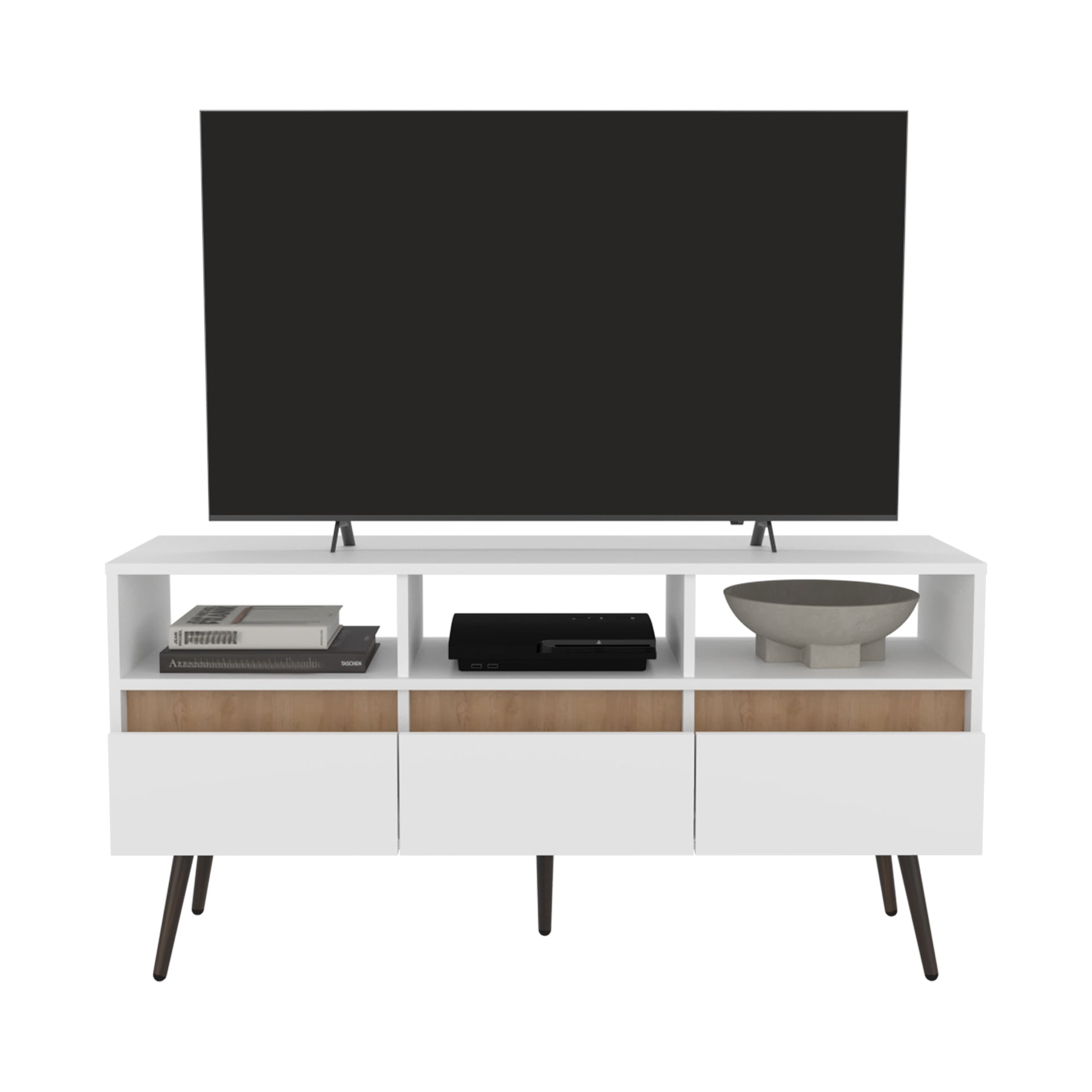 Modern white TV stand with wood accents and tapered legs holding a TV and game console