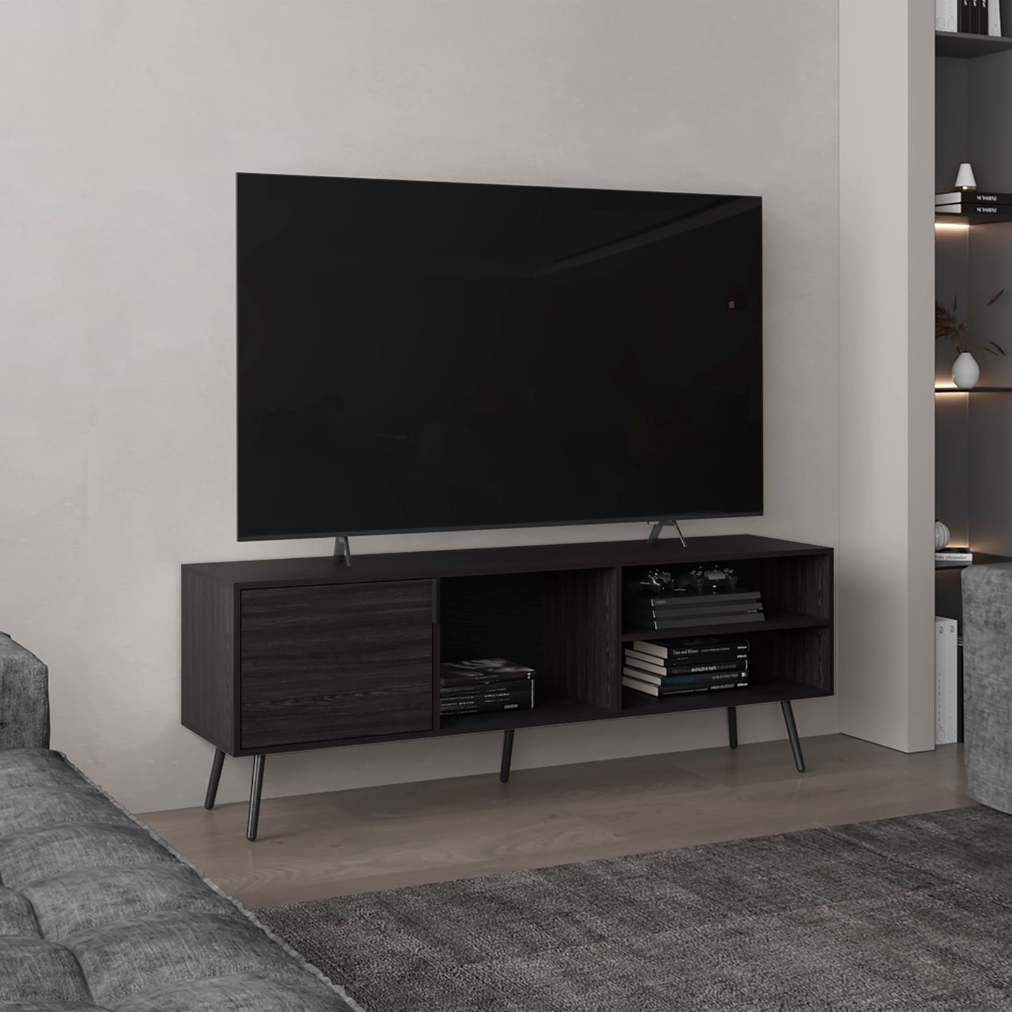Dark wood modern TV stand with open shelving and one cabinet door