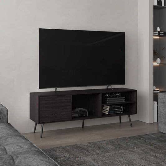 Dark wood modern TV stand with open shelving and one cabinet door