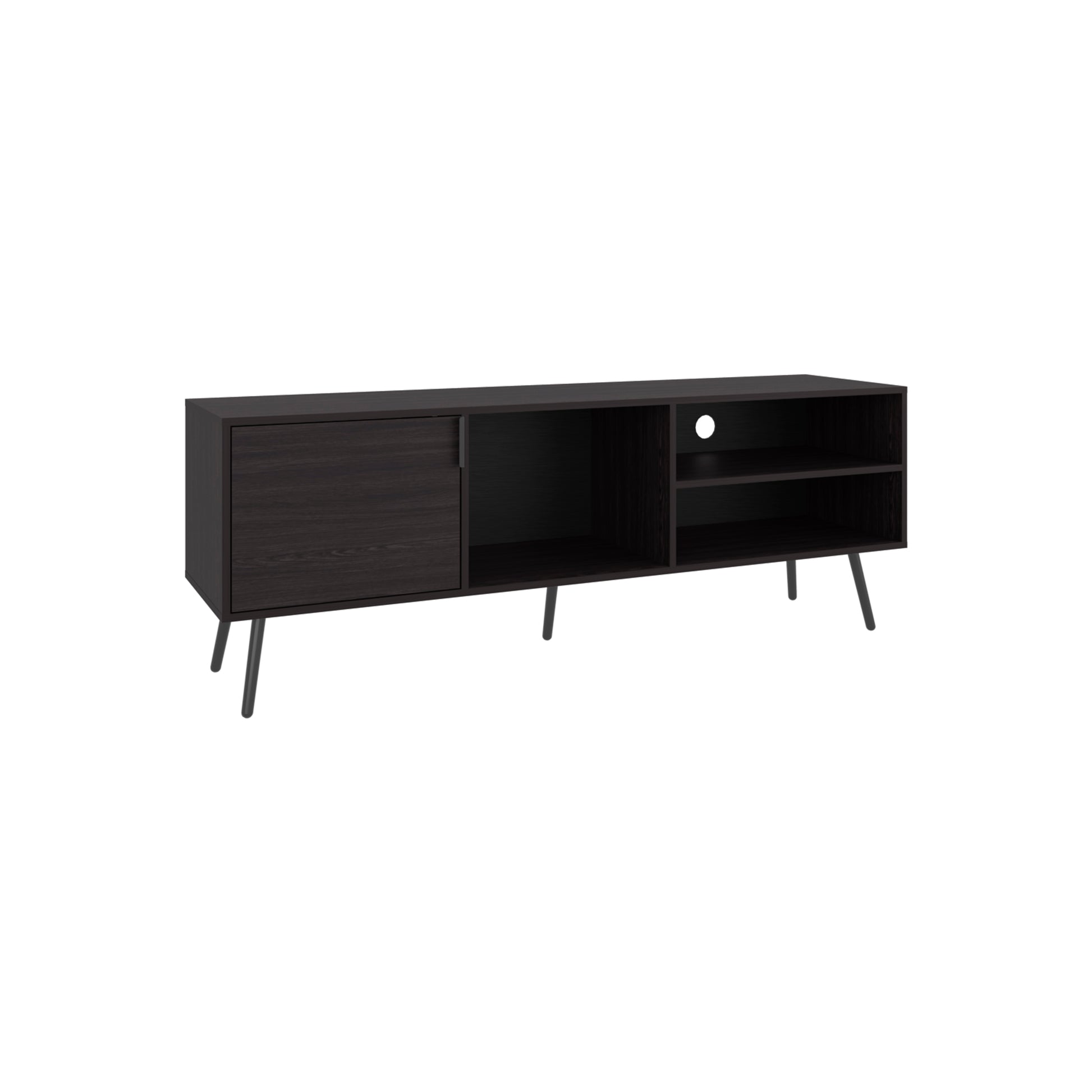 Dark wood TV stand with sliding door and open shelves midcentury modern style