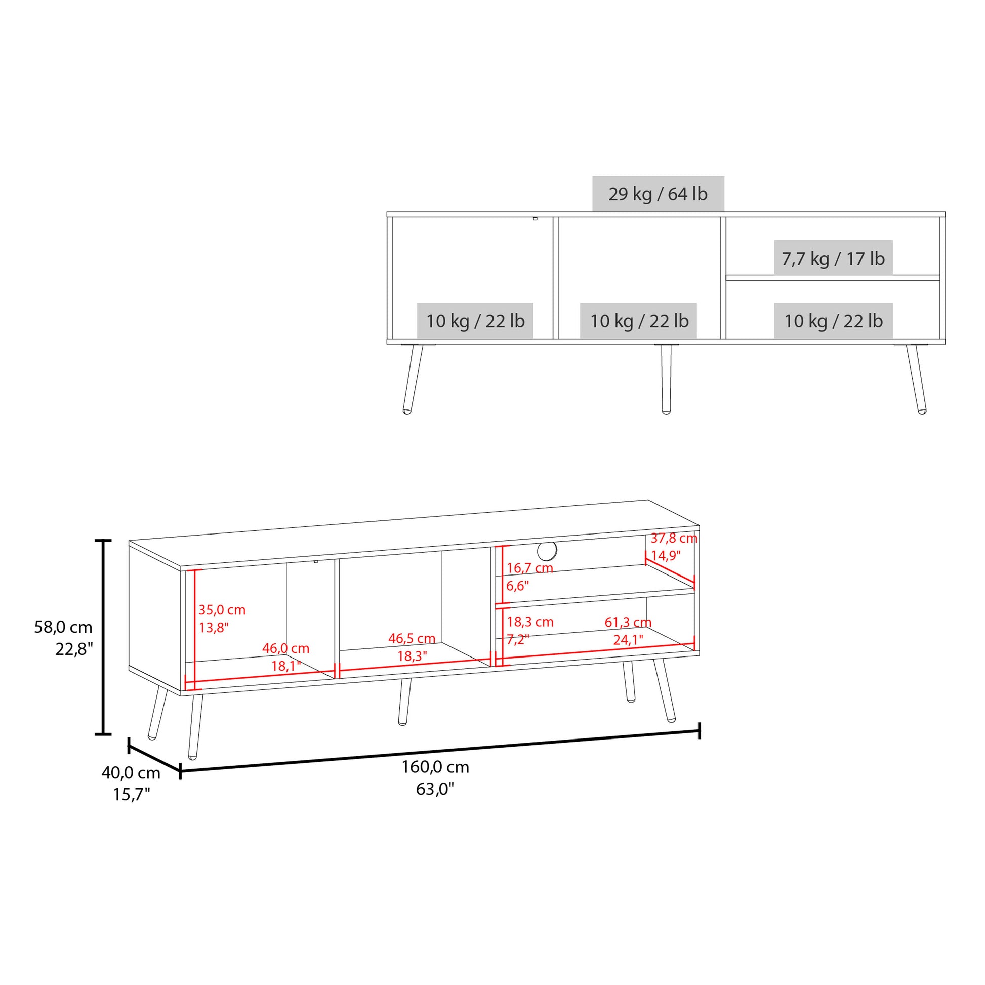 Diagram of a modern white media console with dimensions and weight limits