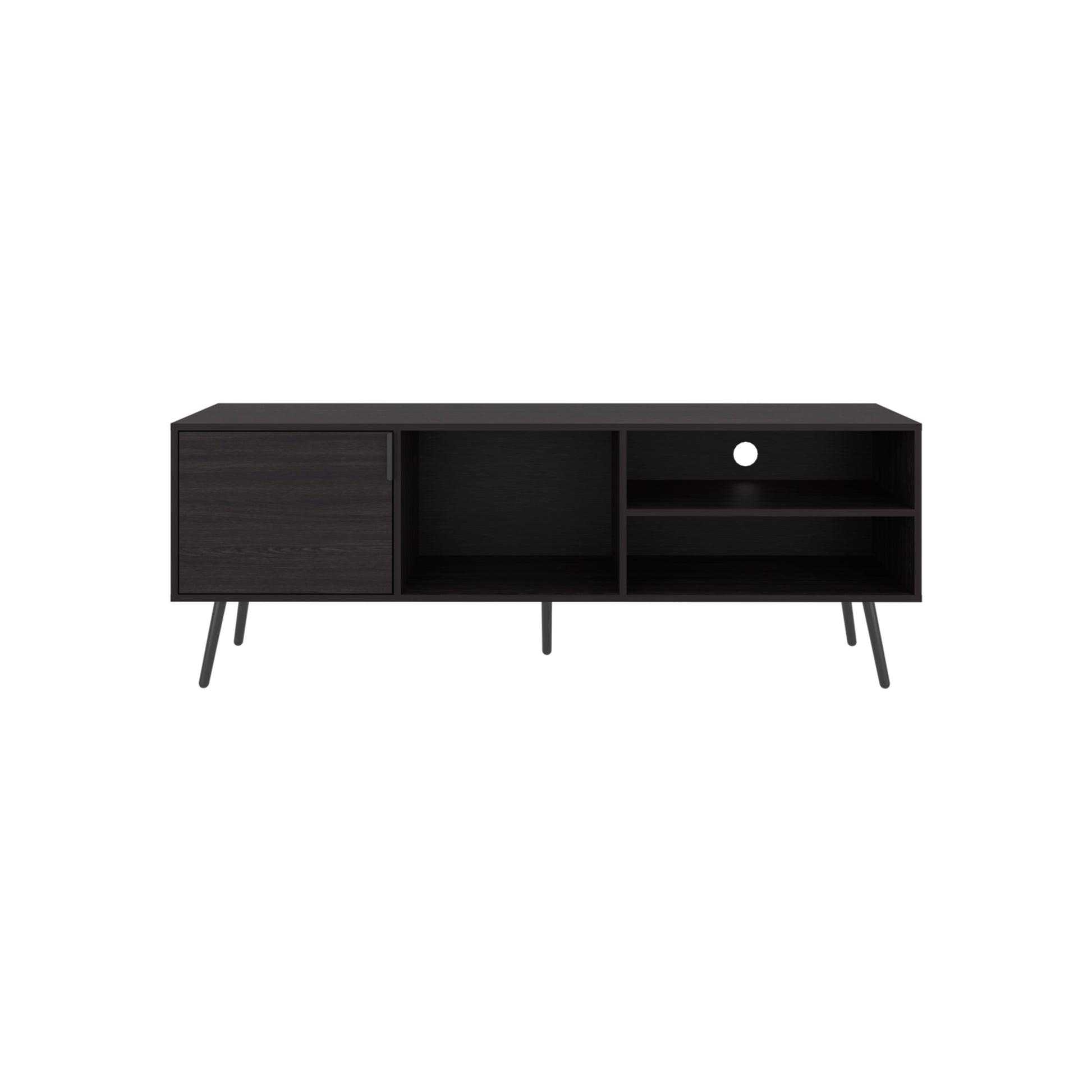 Dark wood media console with one door and open shelving modern design