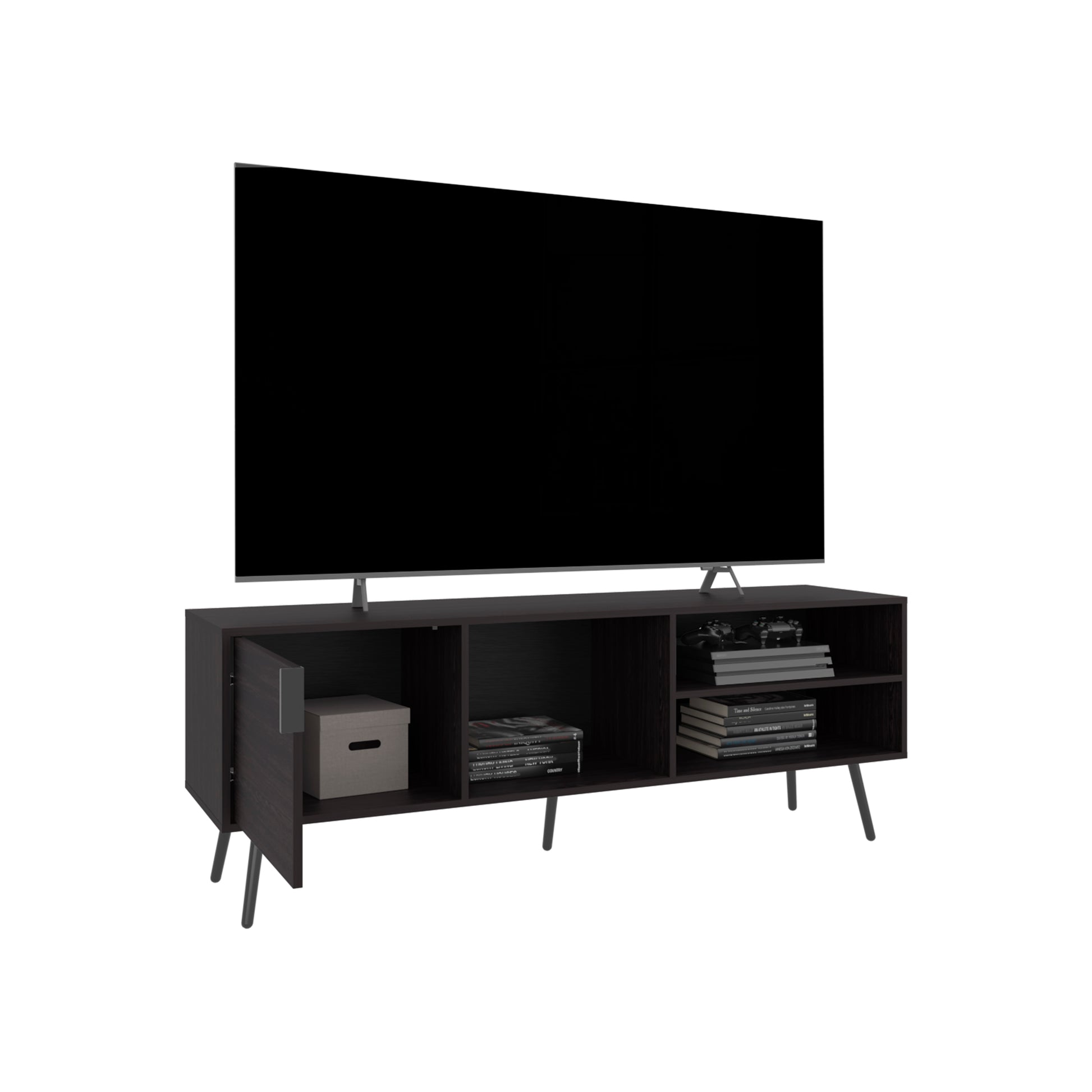 Dark wood media console with open shelves and a closed cabinet perfect for TV stand